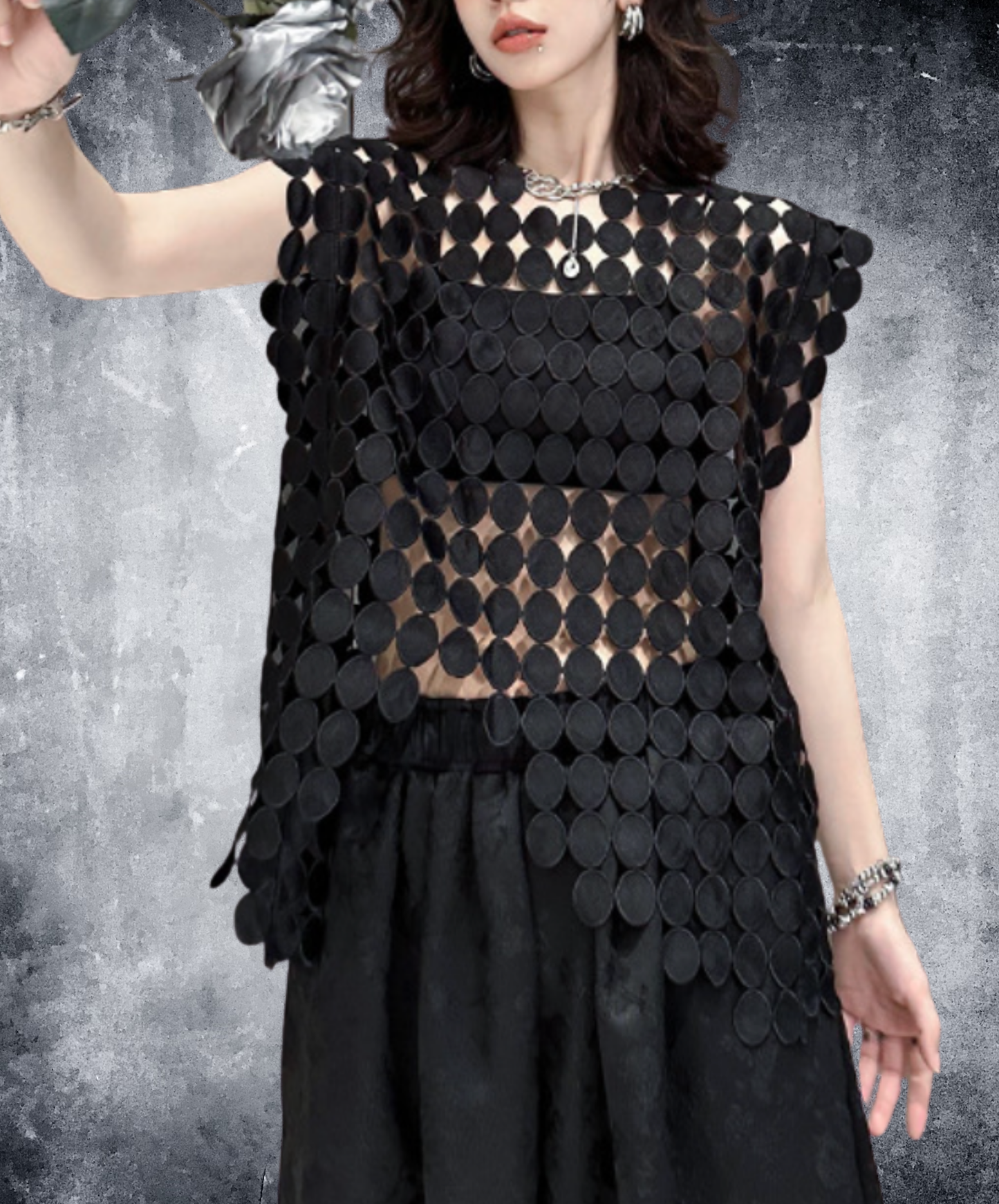 circle connected diamond pattern sleeveless shirt EN2245