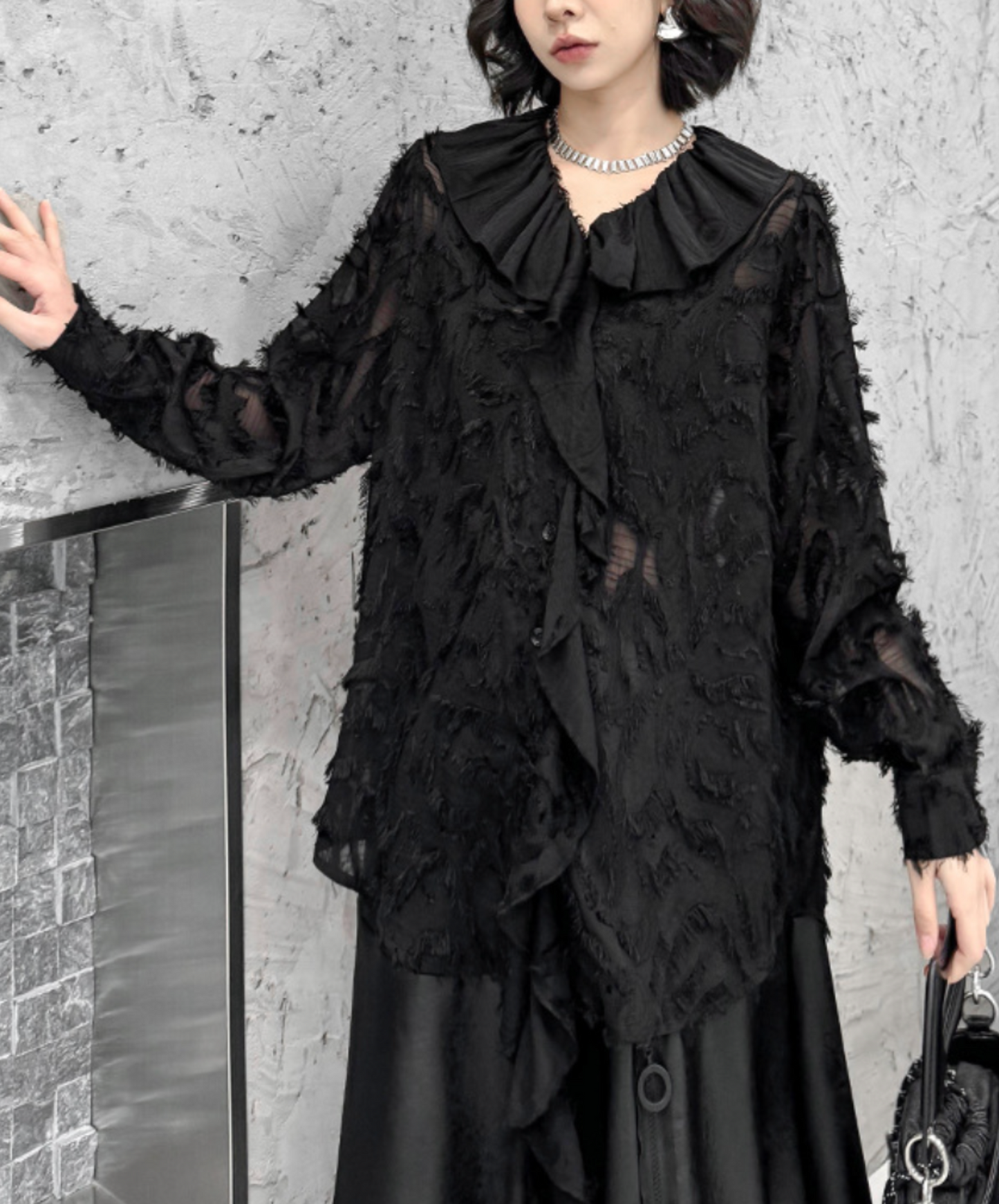 dark fringe lace & frills sheer shirt EN2318