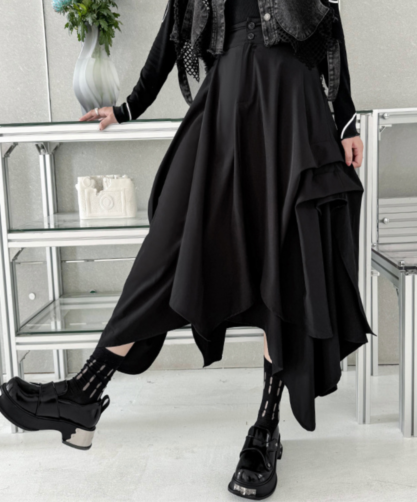 dark asymmetric drape buttons skirt EN2330