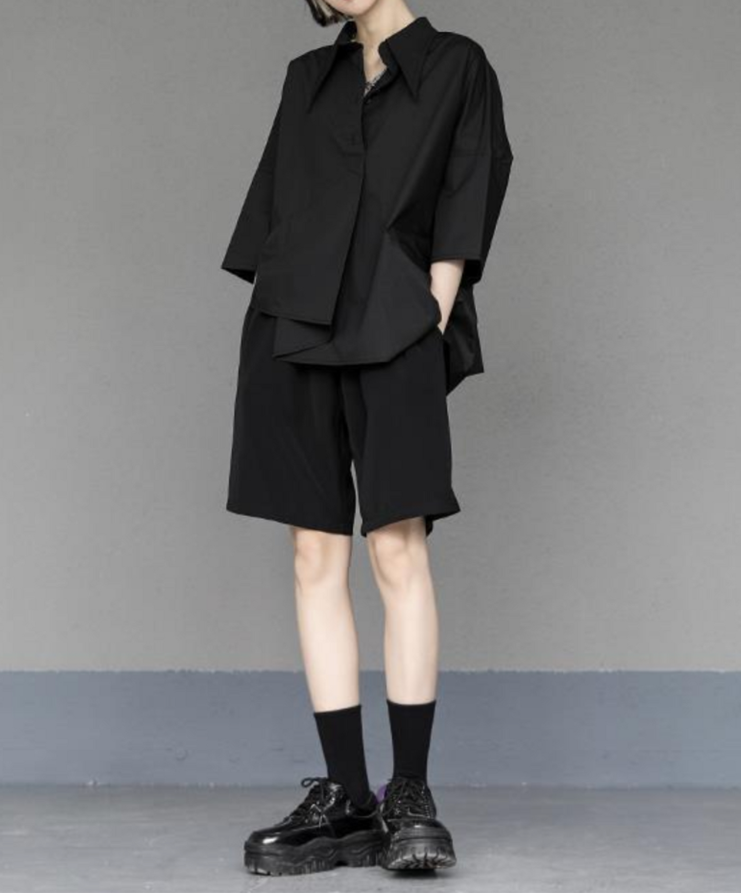 dark asymmetric tuck drape shirt EN2141