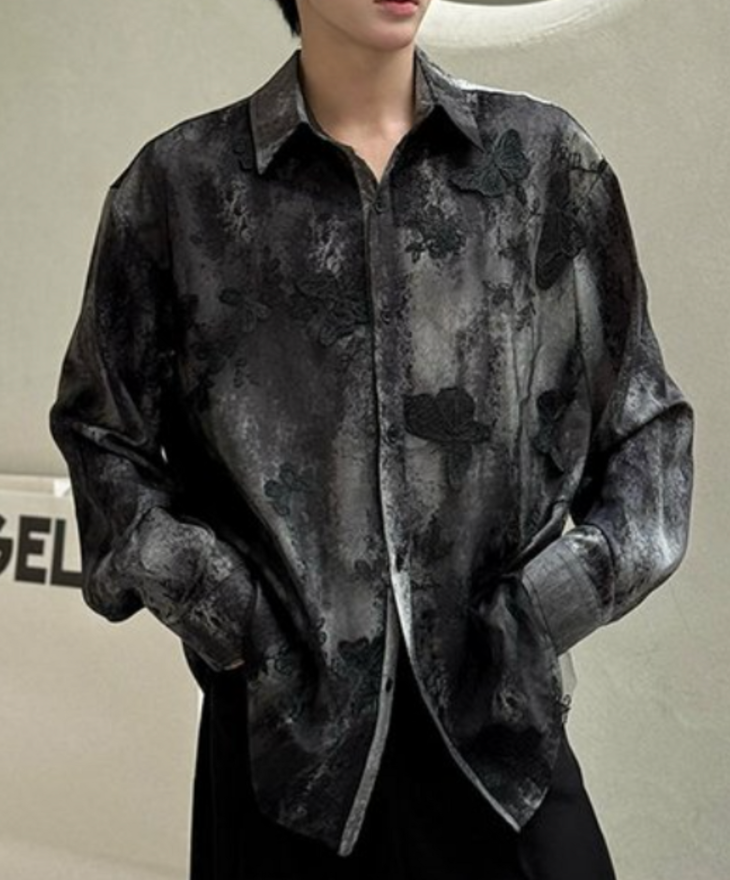 dark lace with 3d butterfly embroidery shirt EN2325