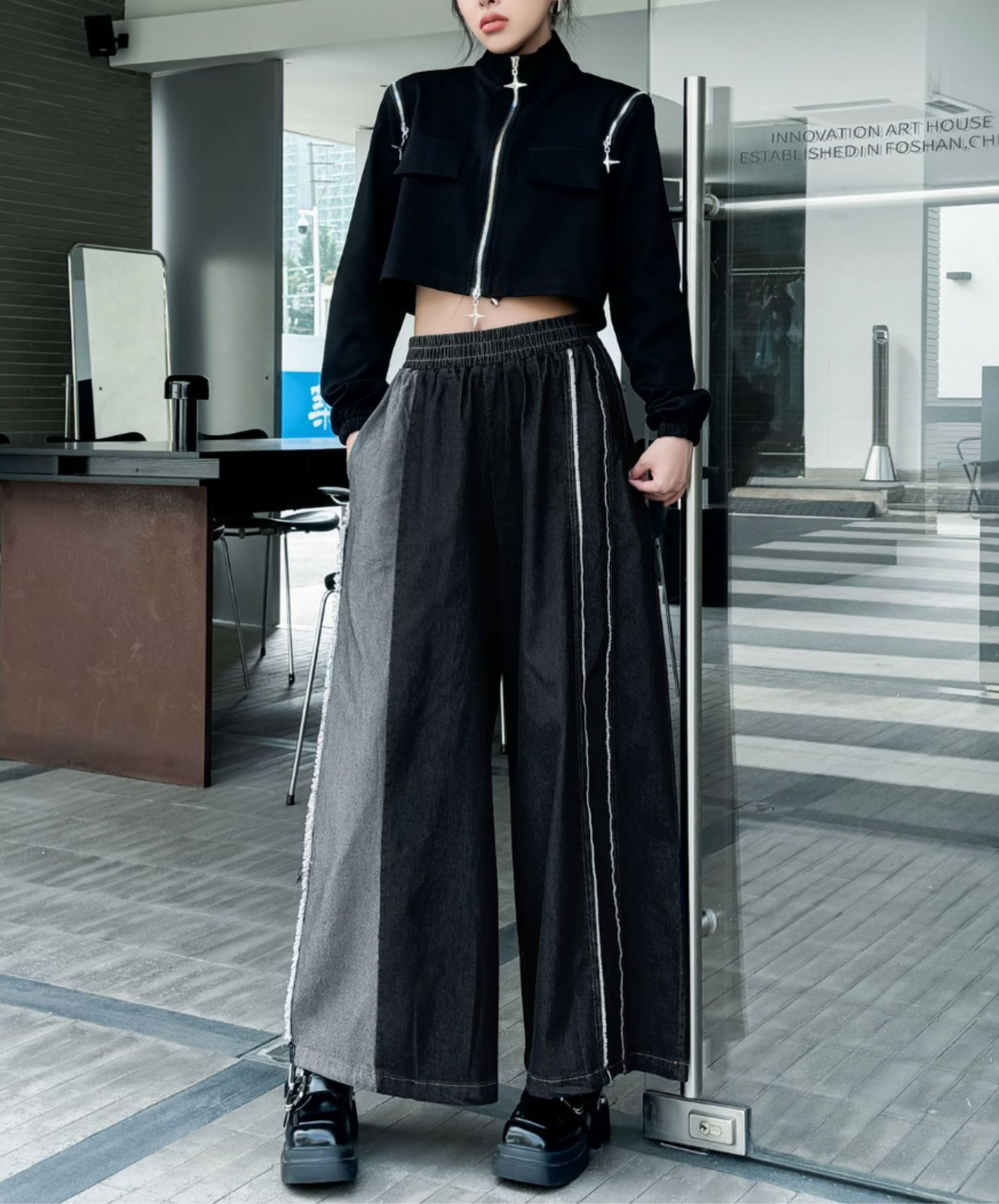 double white & fringe line wide pants EN2305