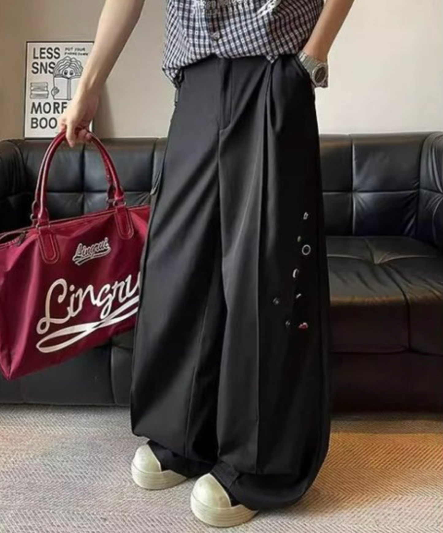 random button decorative drape wide pants EN2293
