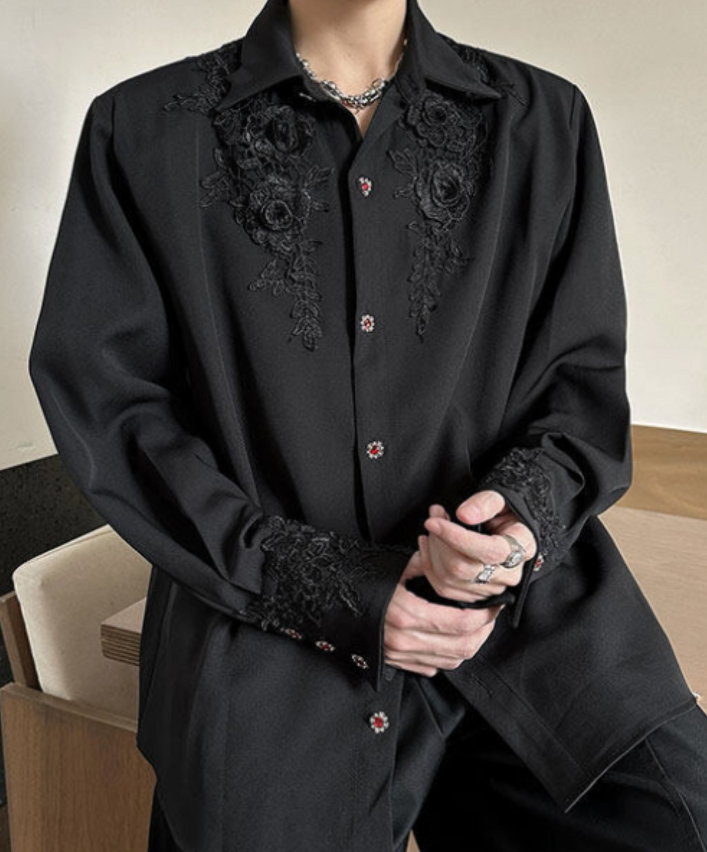dark gorgeous 3d rose embroidery shirt EN2366