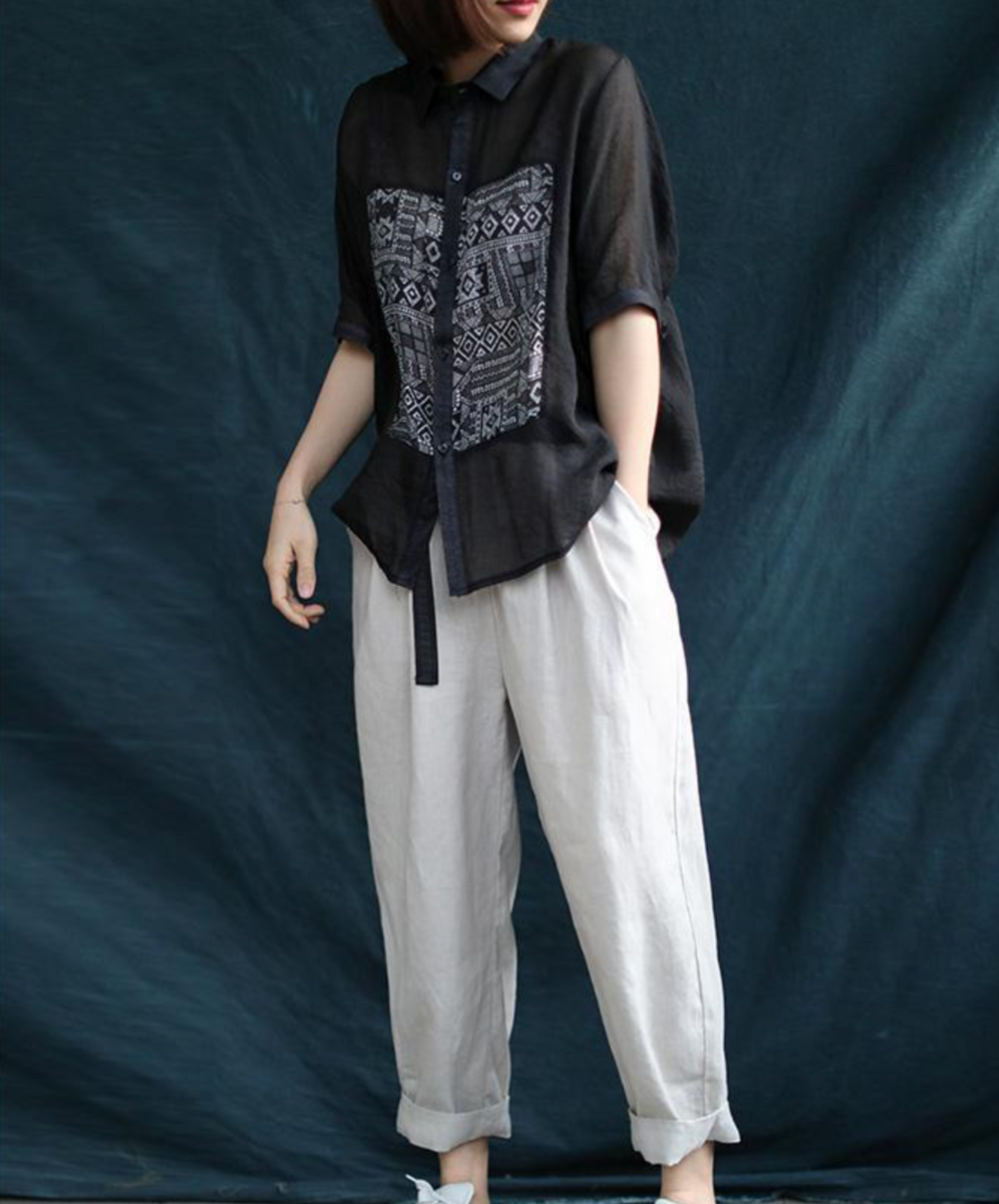 paisley print tencel ramie short sleeves shirt EN2268
