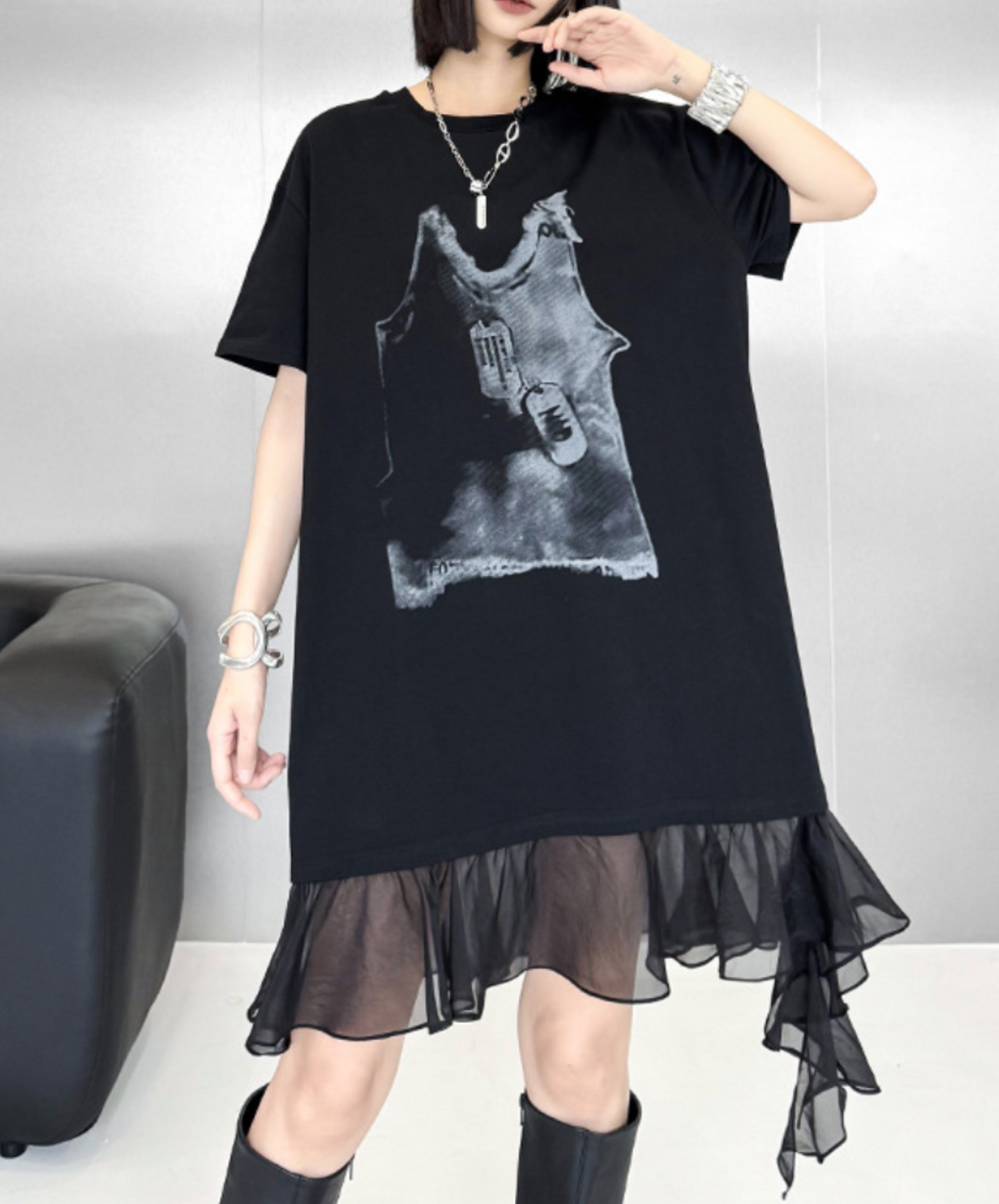 tulle ribbon print at hem t-shirt EN2307
