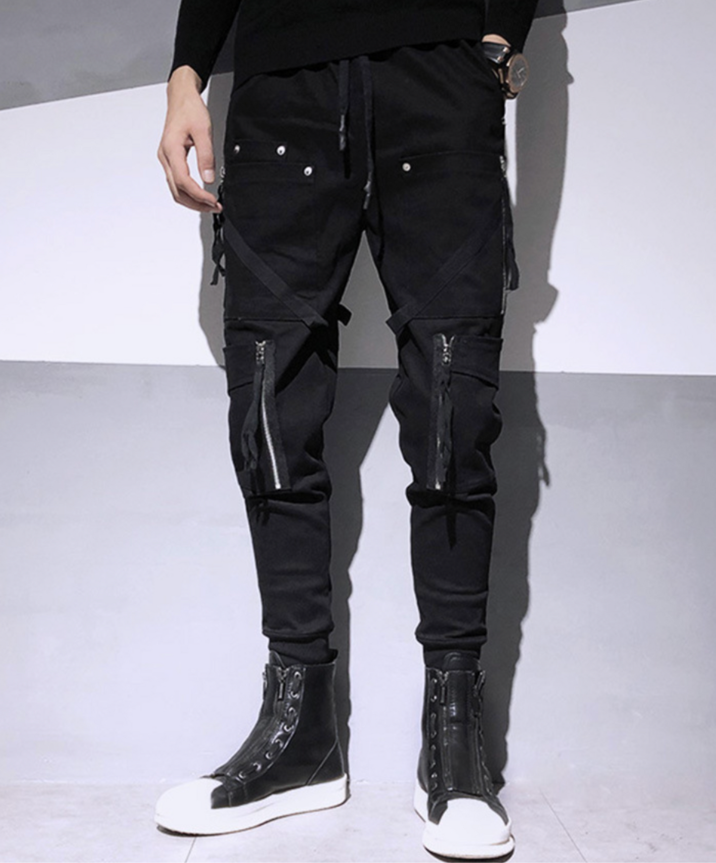 dark fringe x zipper x rivet decoration cargo pants EN2201