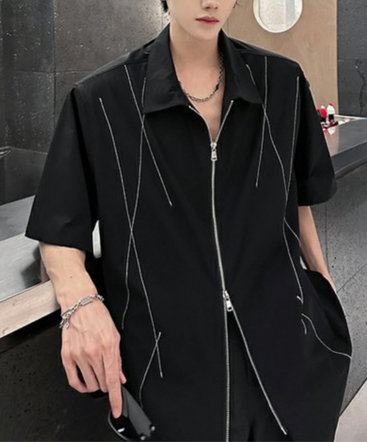 dark white line double zipper shirt EN2078