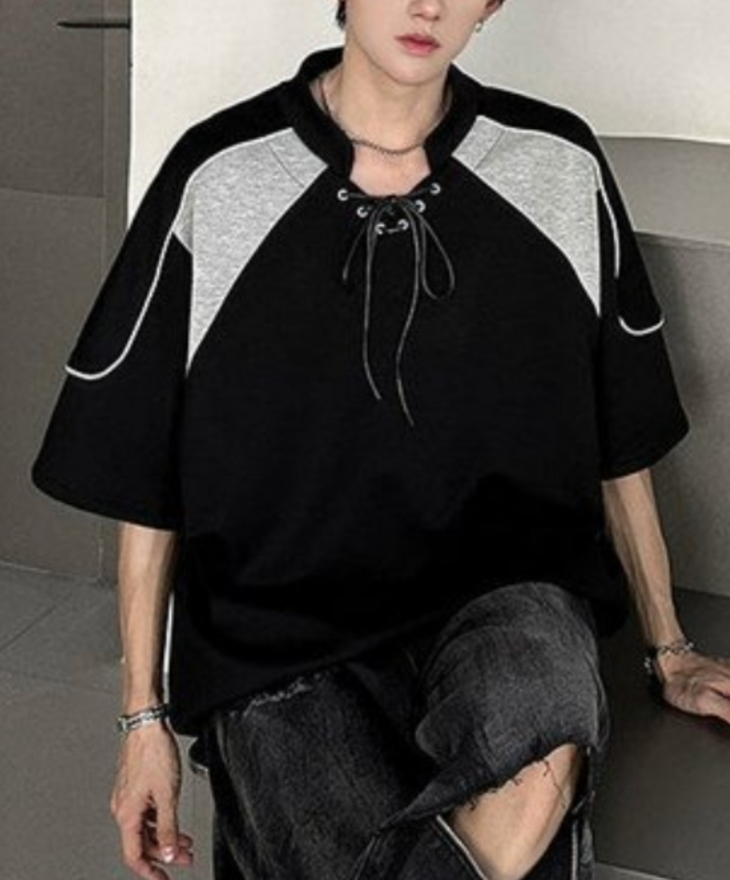 contrast stitched drawstring t-shirt EN2203