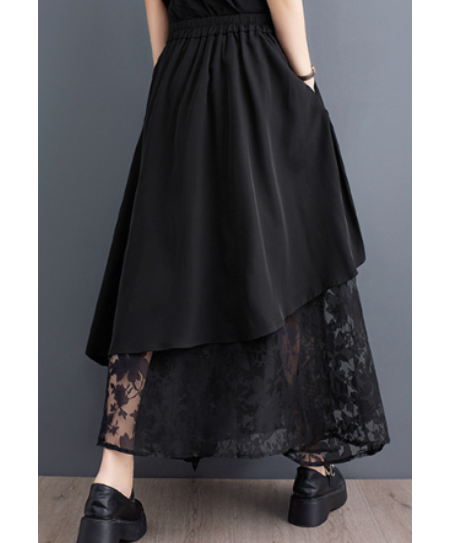 mixed material lacy a-line long skirt EN1957