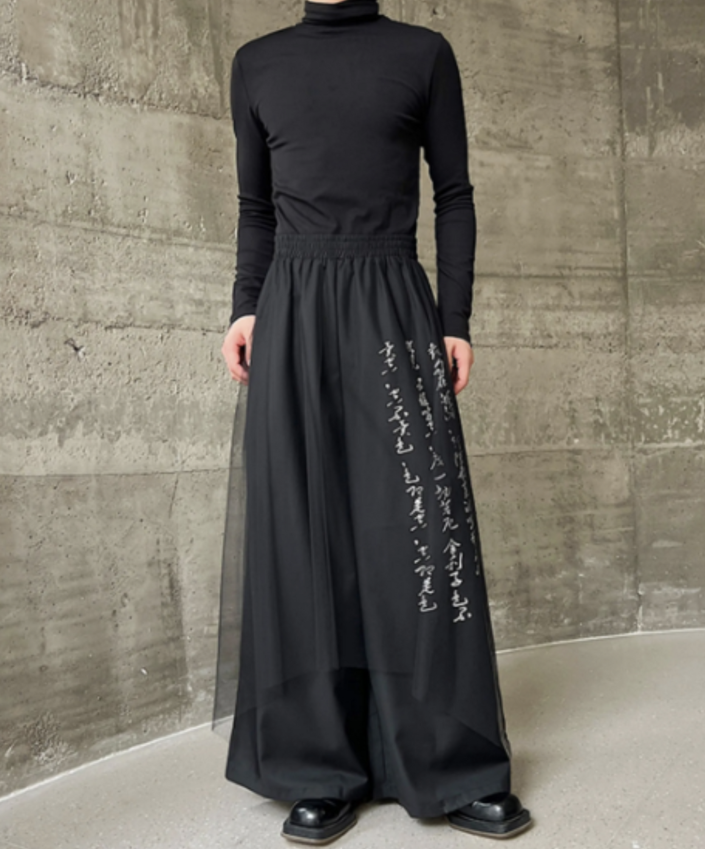 dark calligraphy layered mesh wide pants EN1167