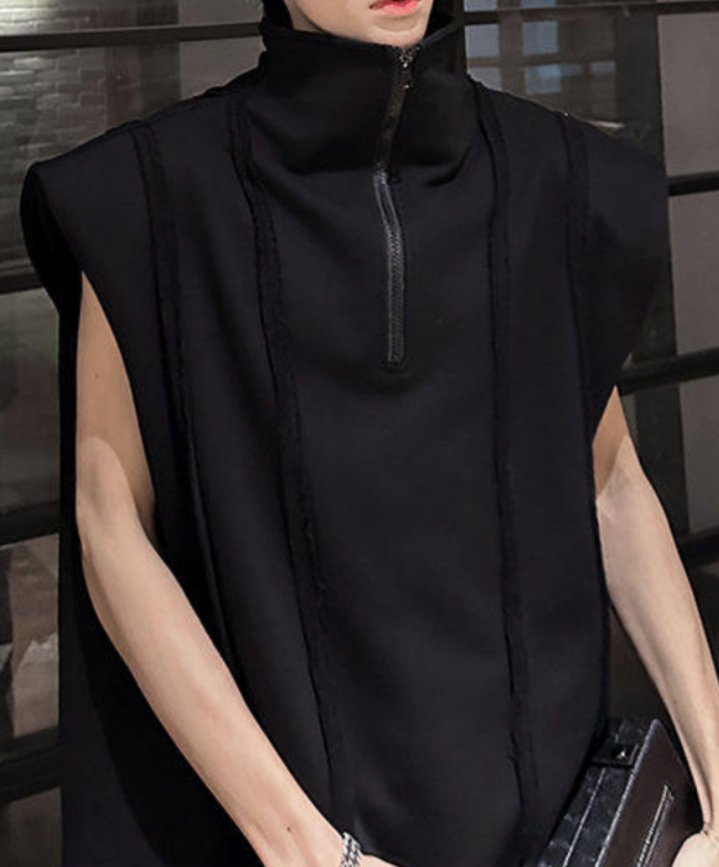 retro stripe half zip stand collar sleeveless shirt EN2193