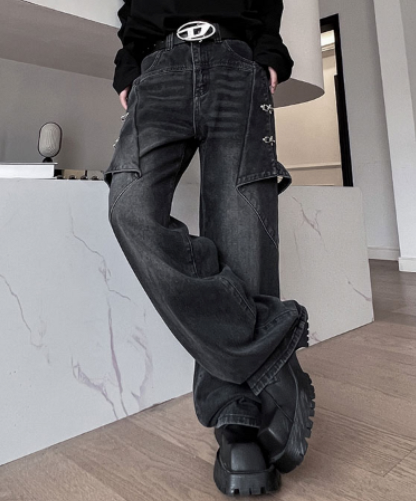 american retro distressed wash denim pants EN2118