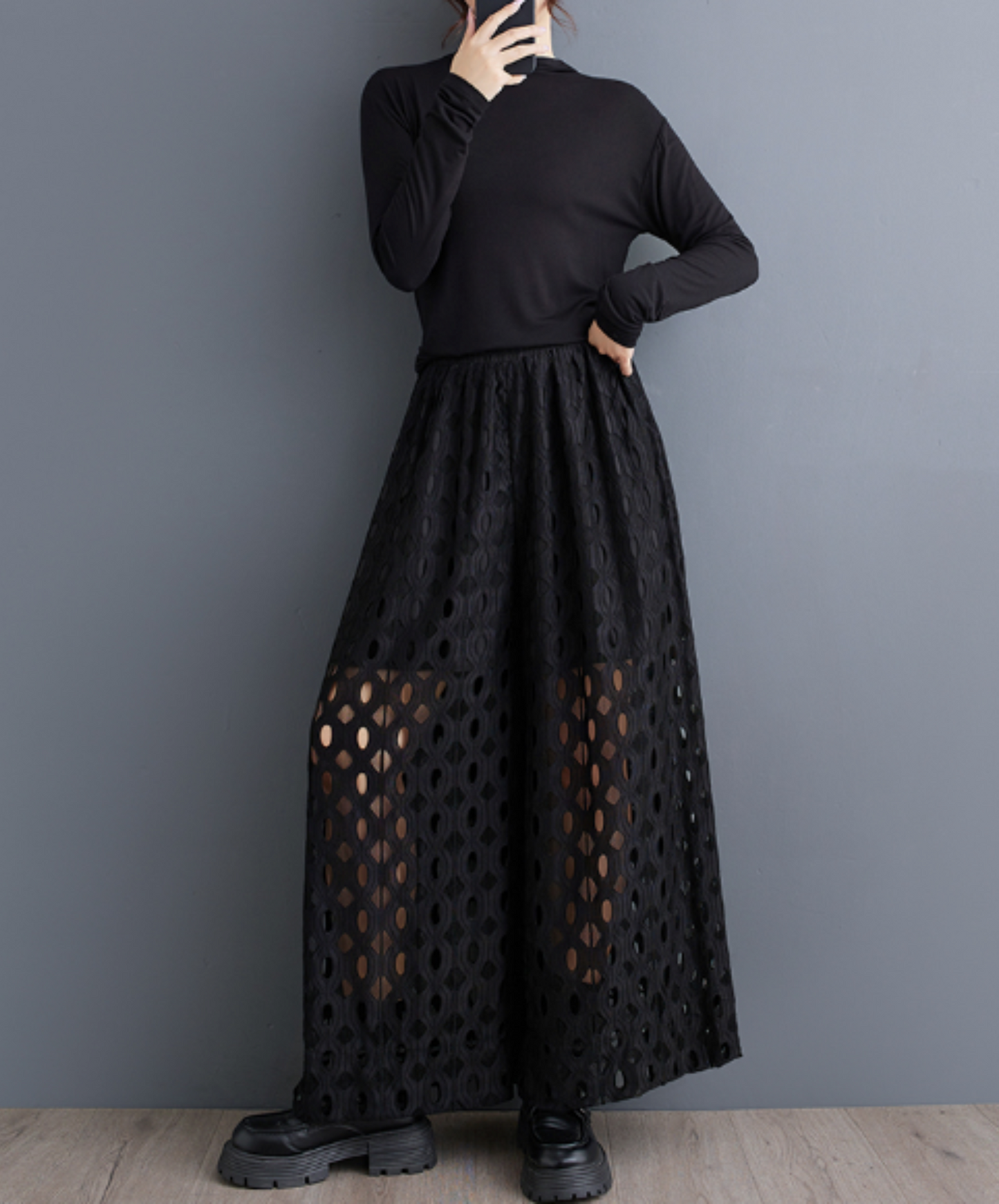 dark solid lace wide leg hakama pants EN2180