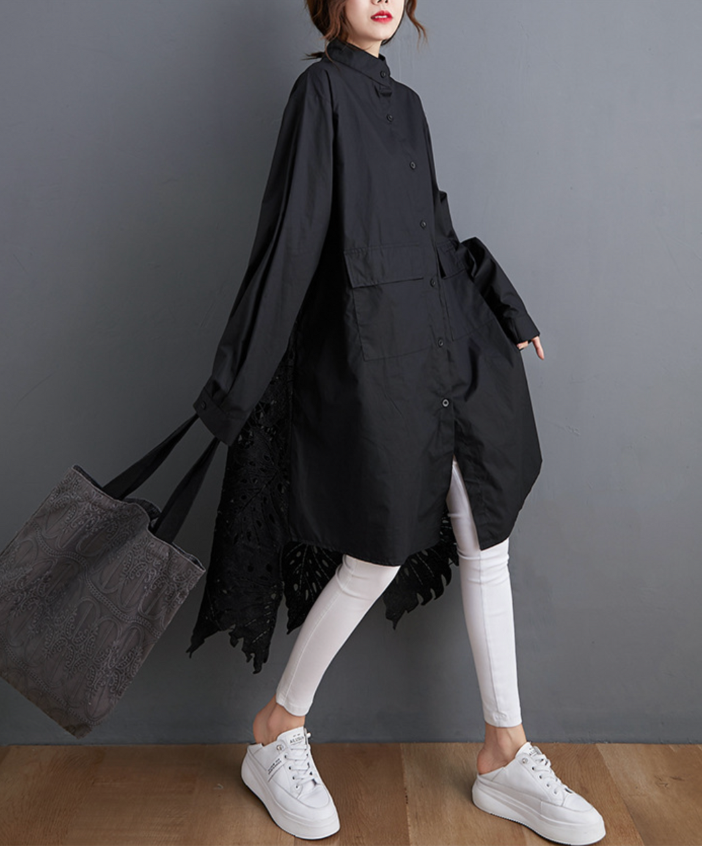 leaf motif lace fishtail long shirt EN2294