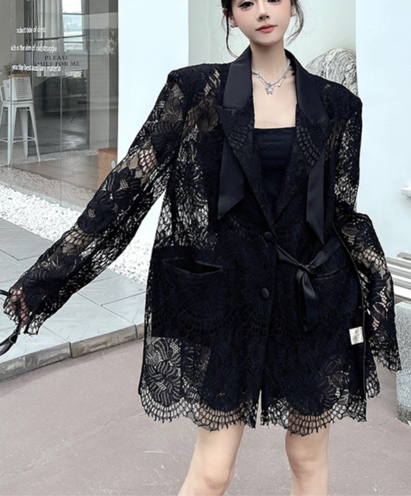 lace splicing ribbon jacket EN2328