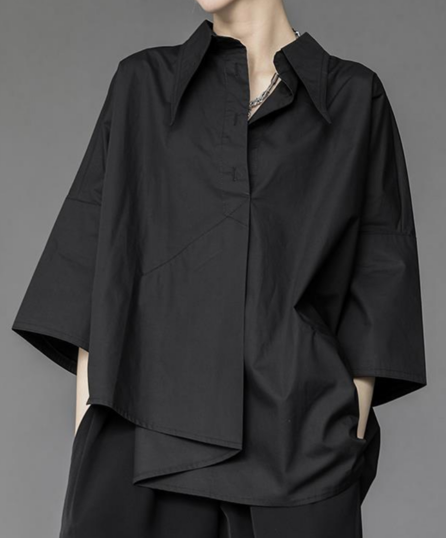 dark asymmetric tuck drape shirt EN2141