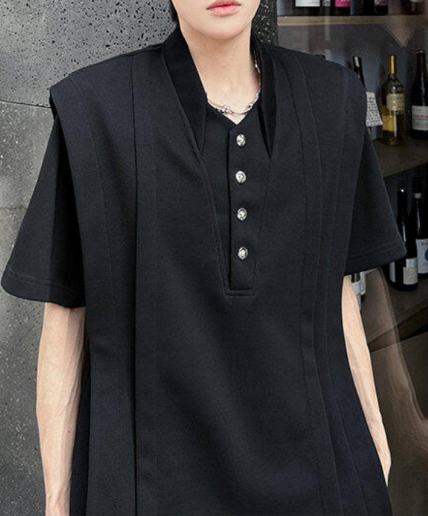 v-neck stand-up collar pleated t-shirt EN2189