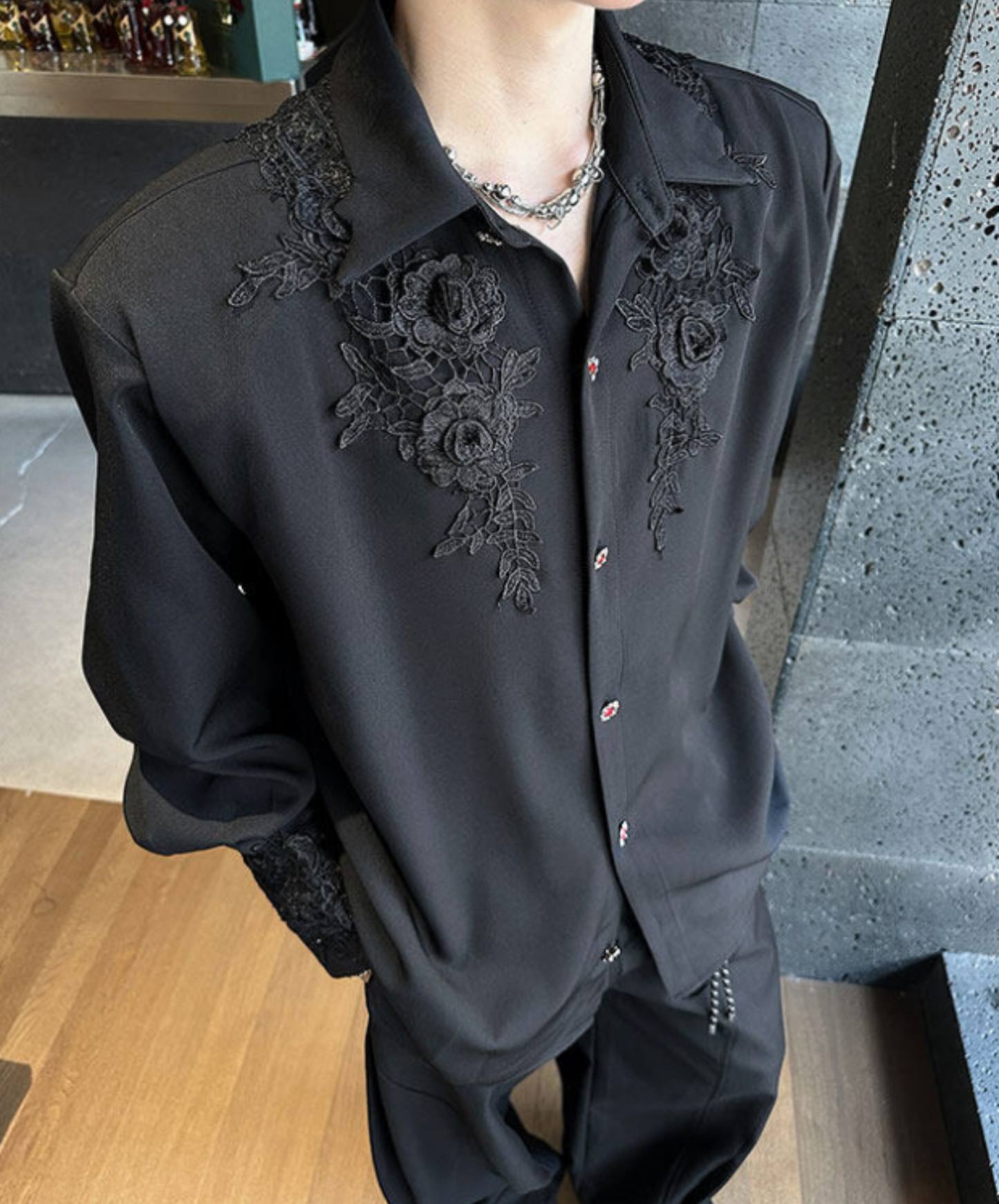 dark gorgeous 3d rose embroidery shirt EN2366