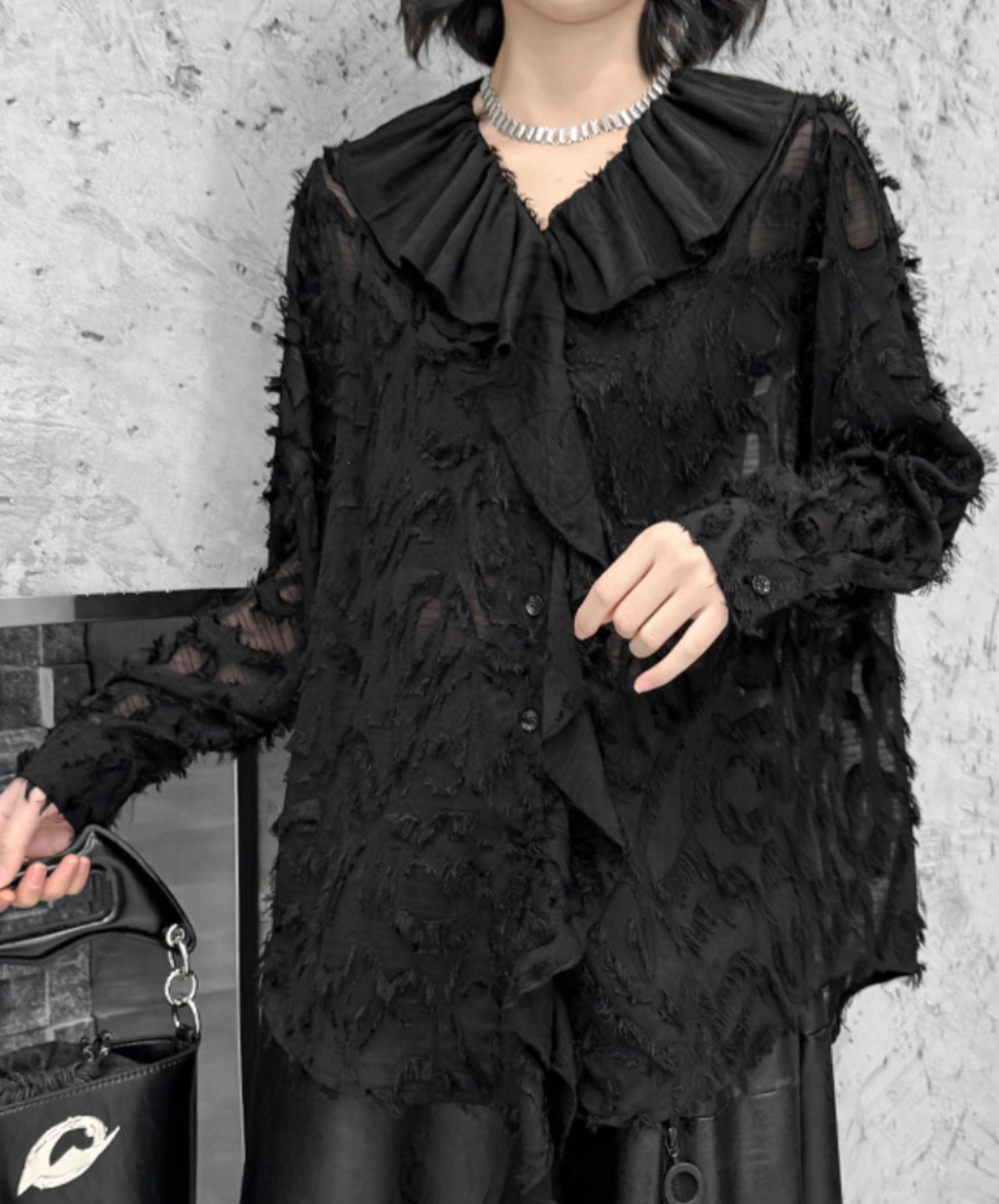 dark fringe lace & frills sheer shirt EN2318