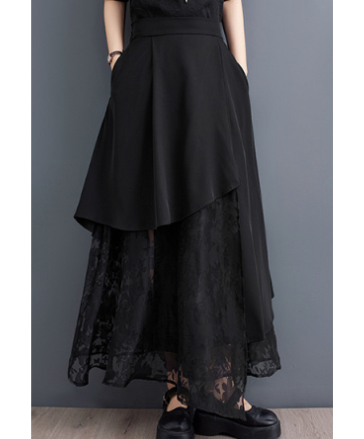 mixed material lacy a-line long skirt EN1957