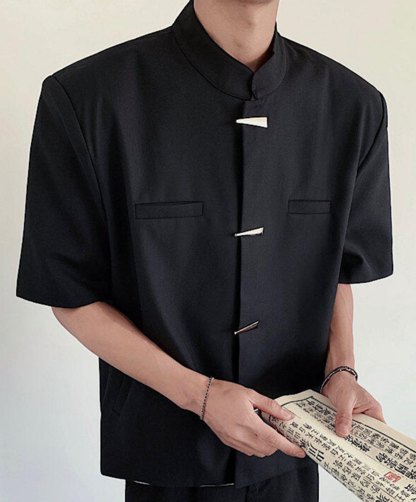metal button chinese style stand collar shirt EN2100
