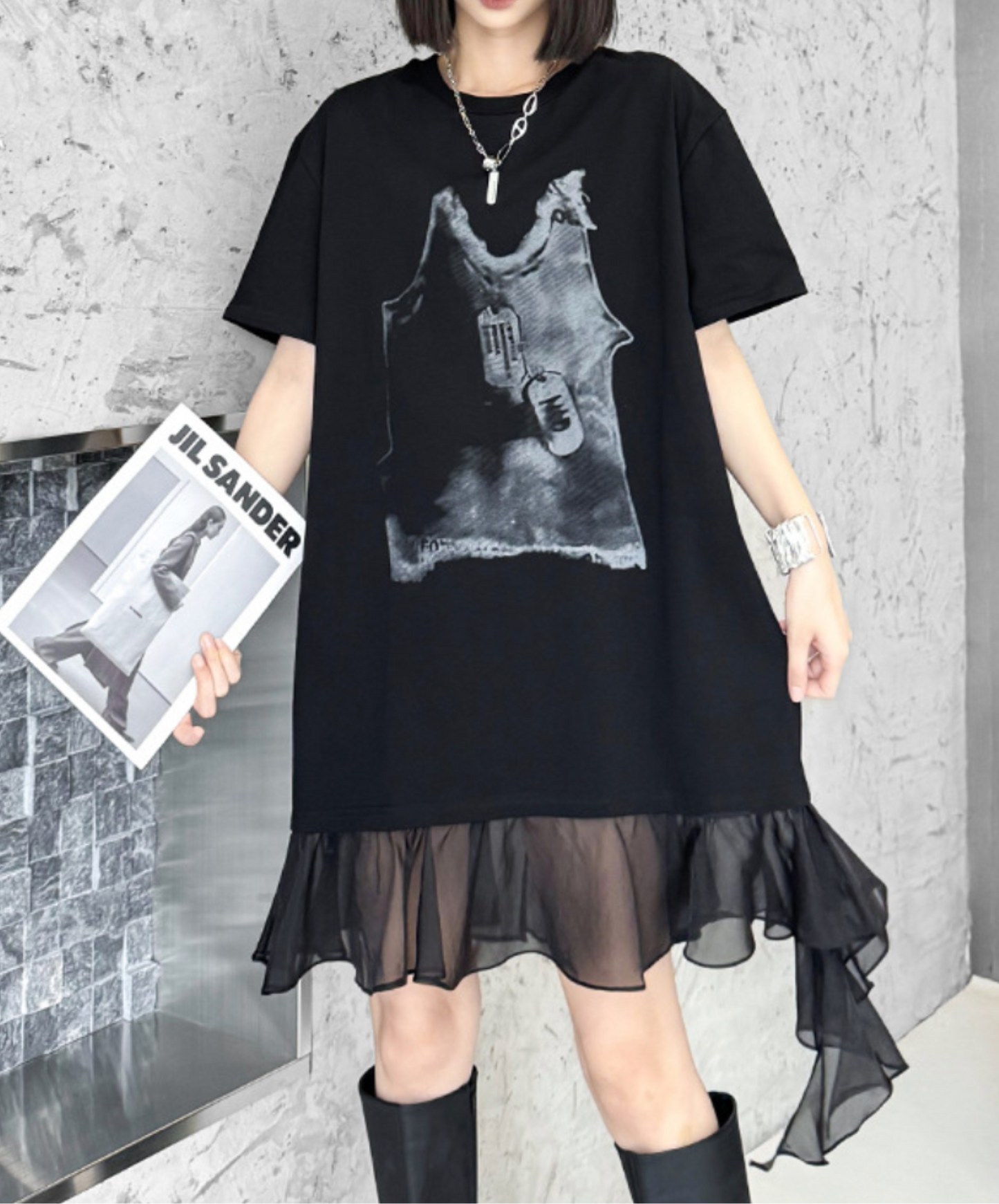 tulle ribbon print at hem t-shirt EN2307