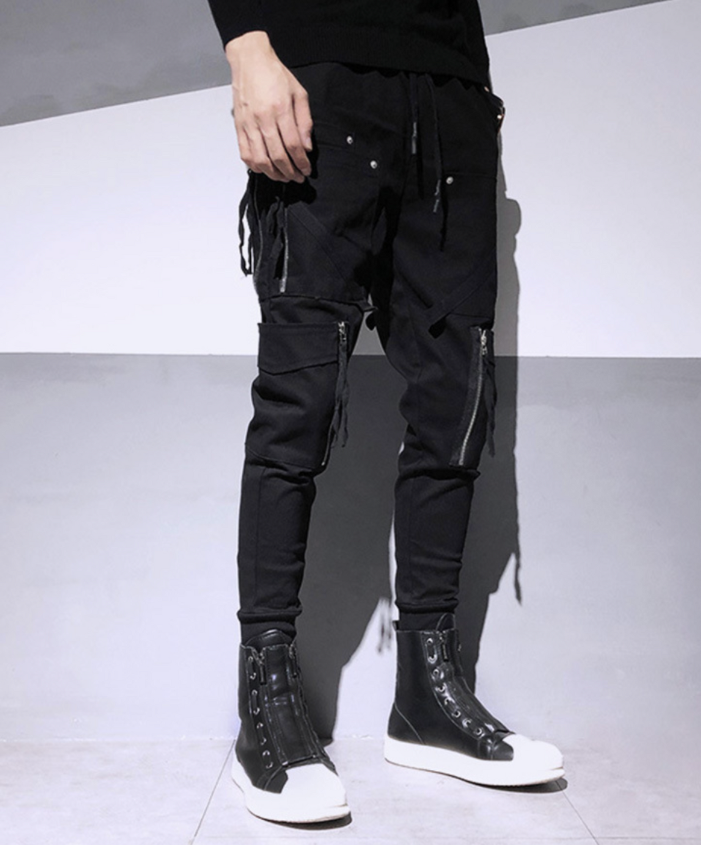 dark fringe x zipper x rivet decoration cargo pants EN2201