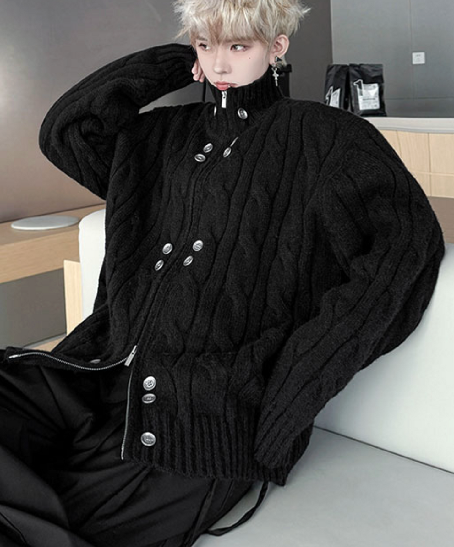 button design stand collar loose sweater EN2475