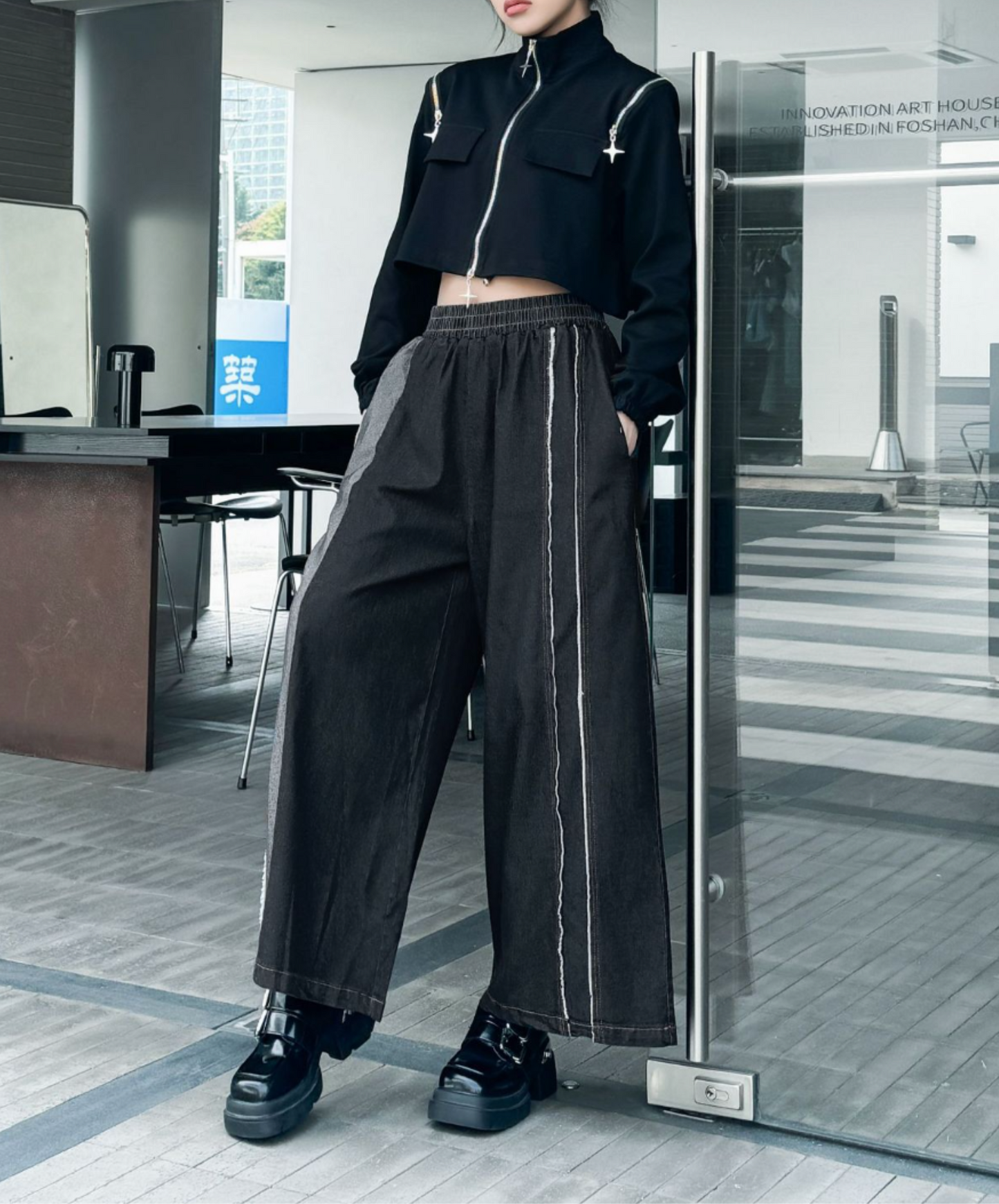 double white & fringe line wide pants EN2305