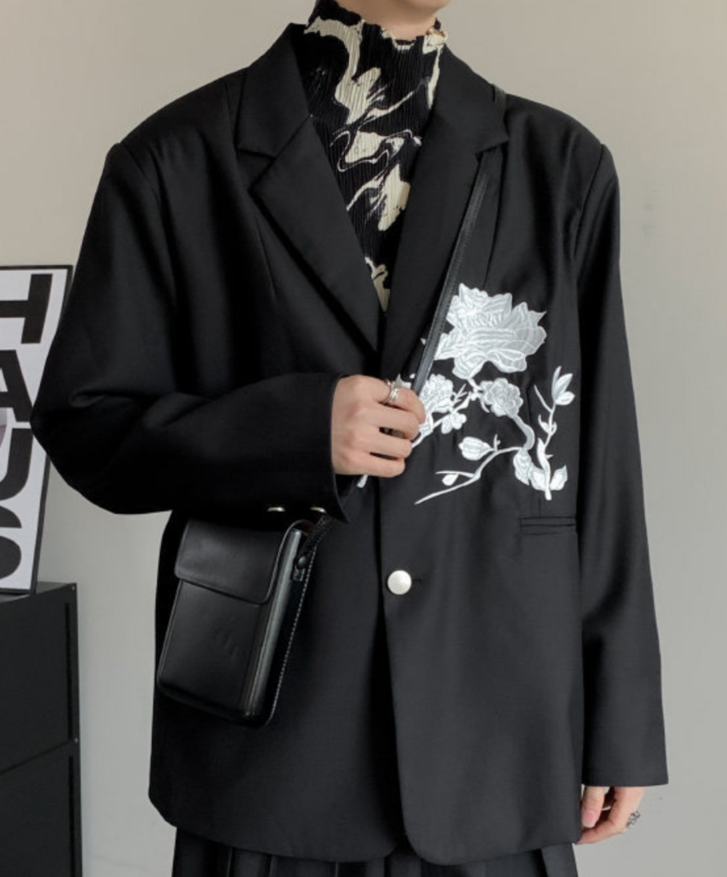 dark chinese style rose embroidery tailored jacket EN1535