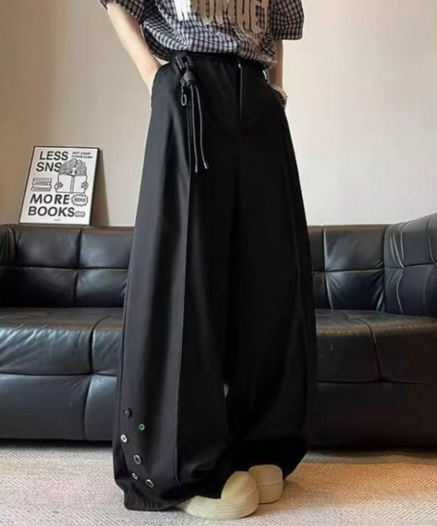 random button decorative drape wide pants EN2293