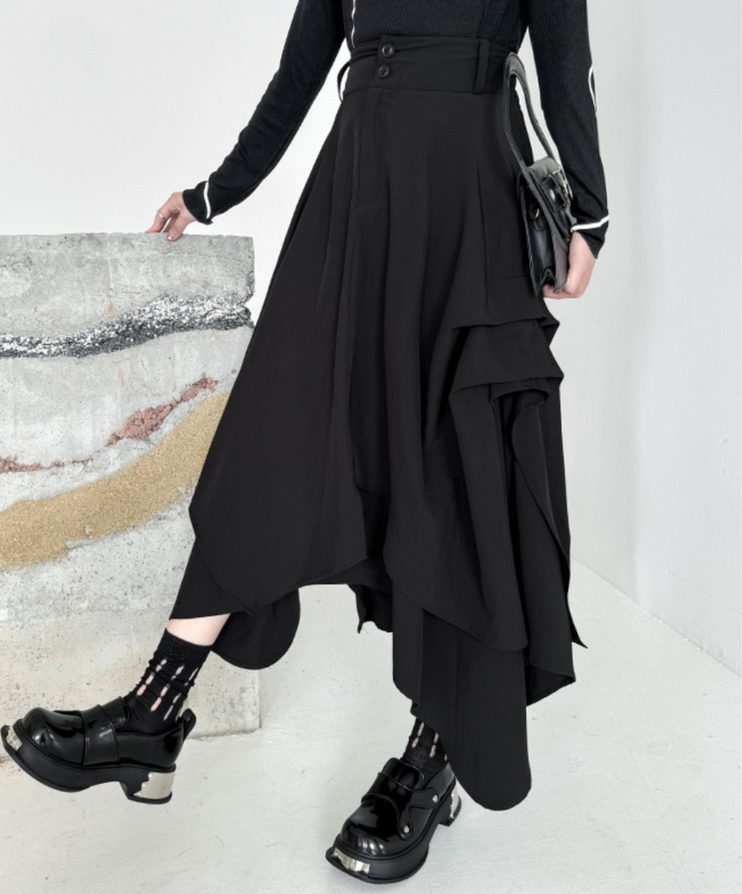 dark asymmetric drape buttons skirt EN2330