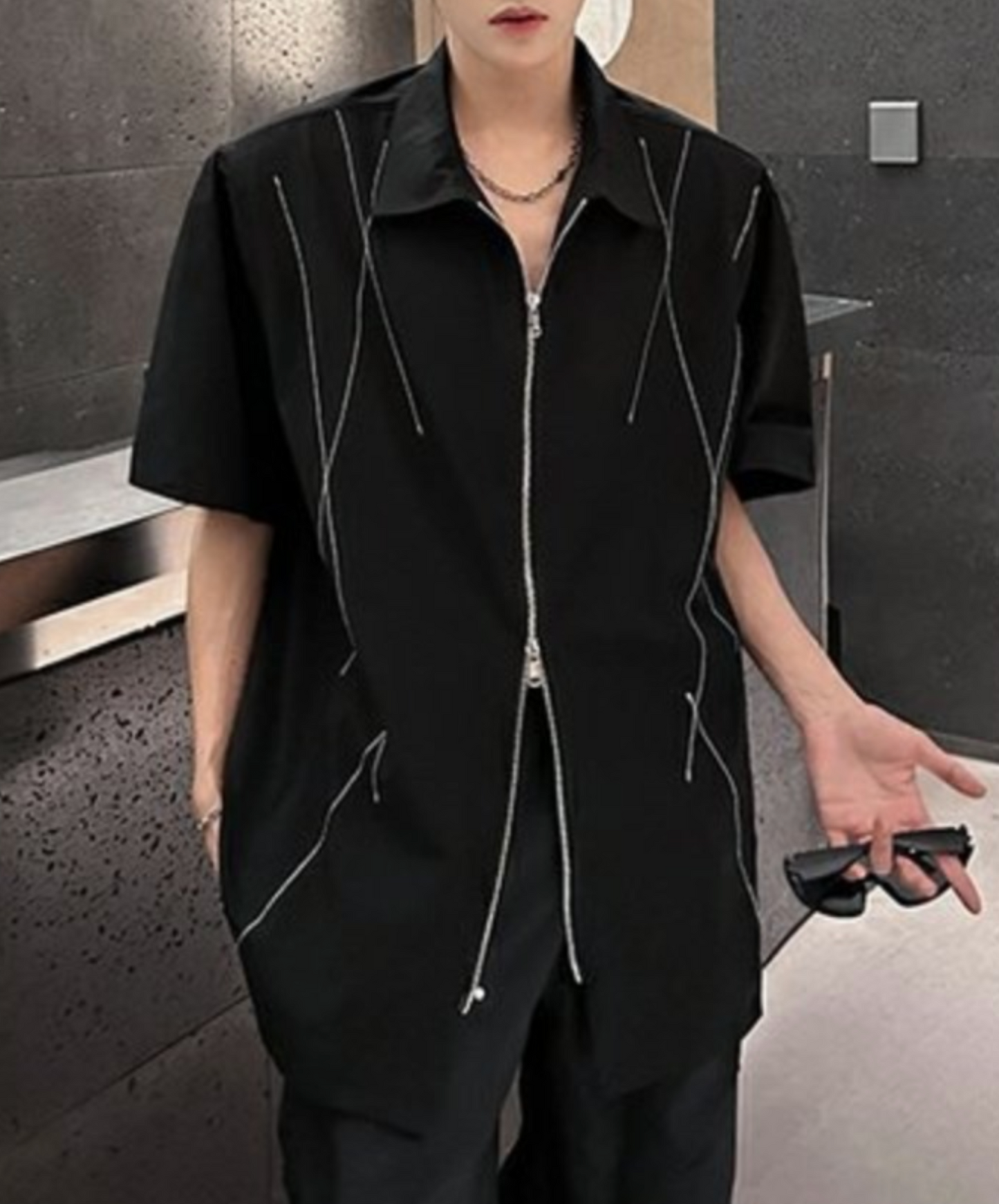 dark white line double zipper shirt EN2078
