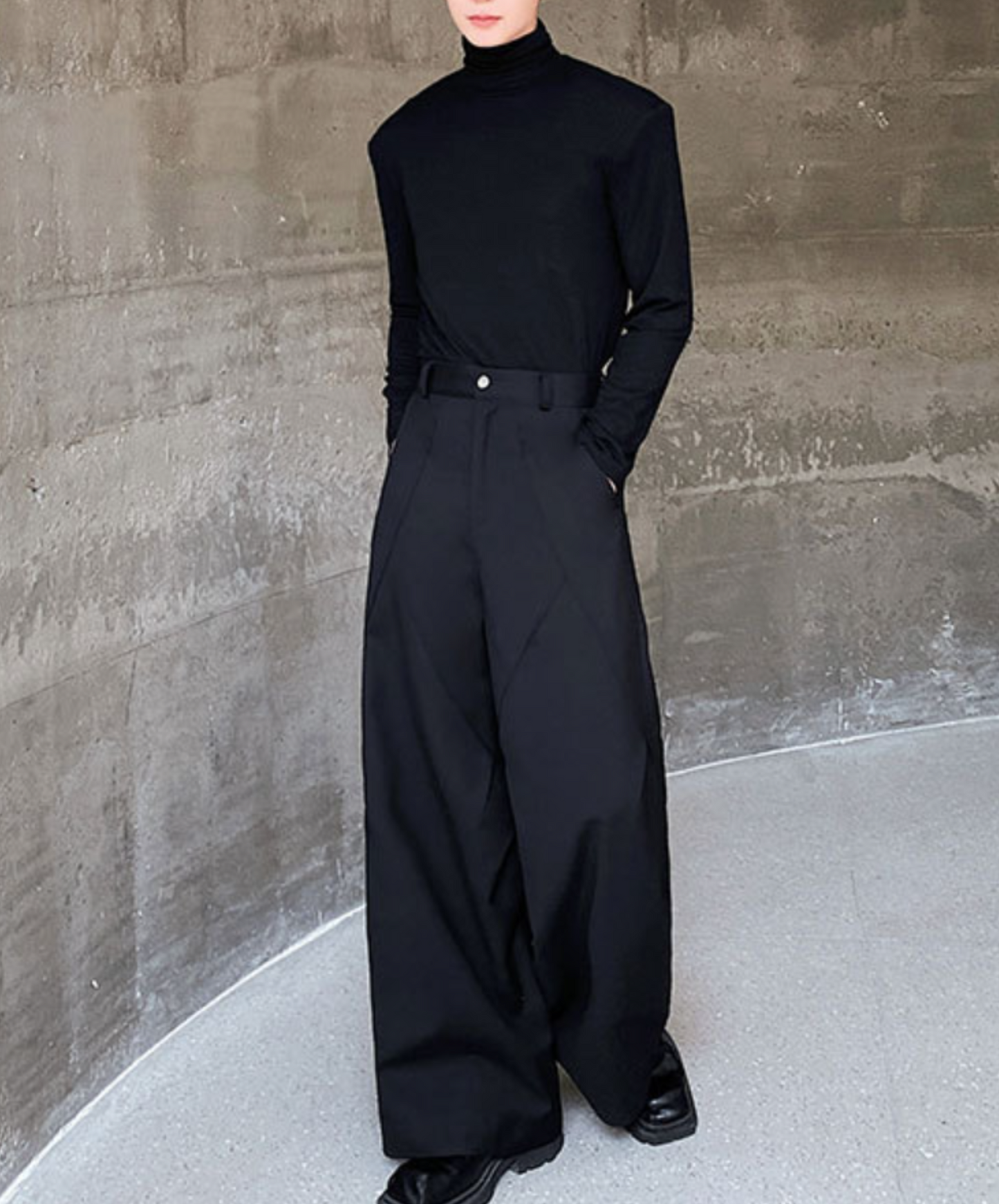 pleated stitch design straight wide pants EN1402