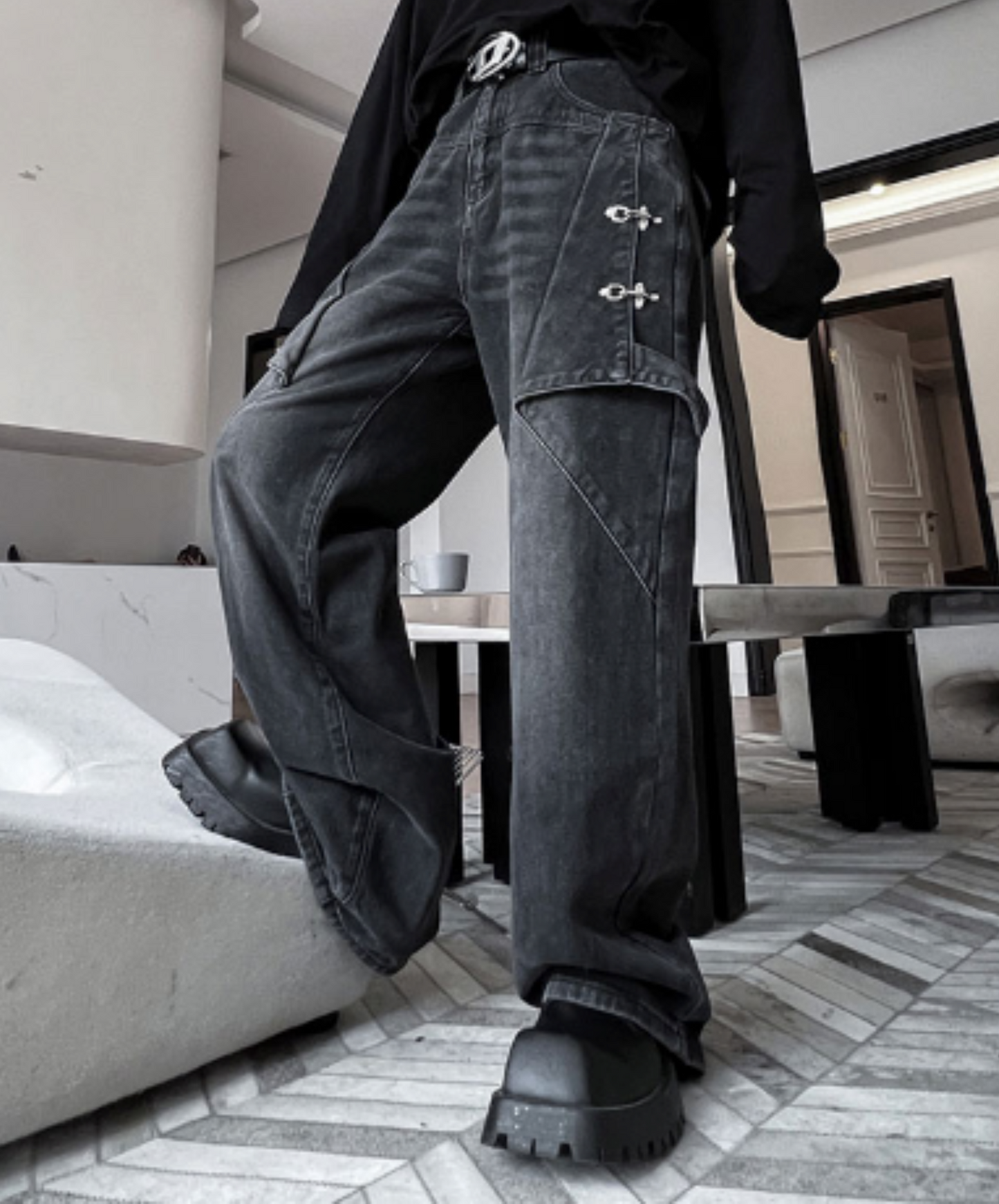 american retro distressed wash denim pants EN2118