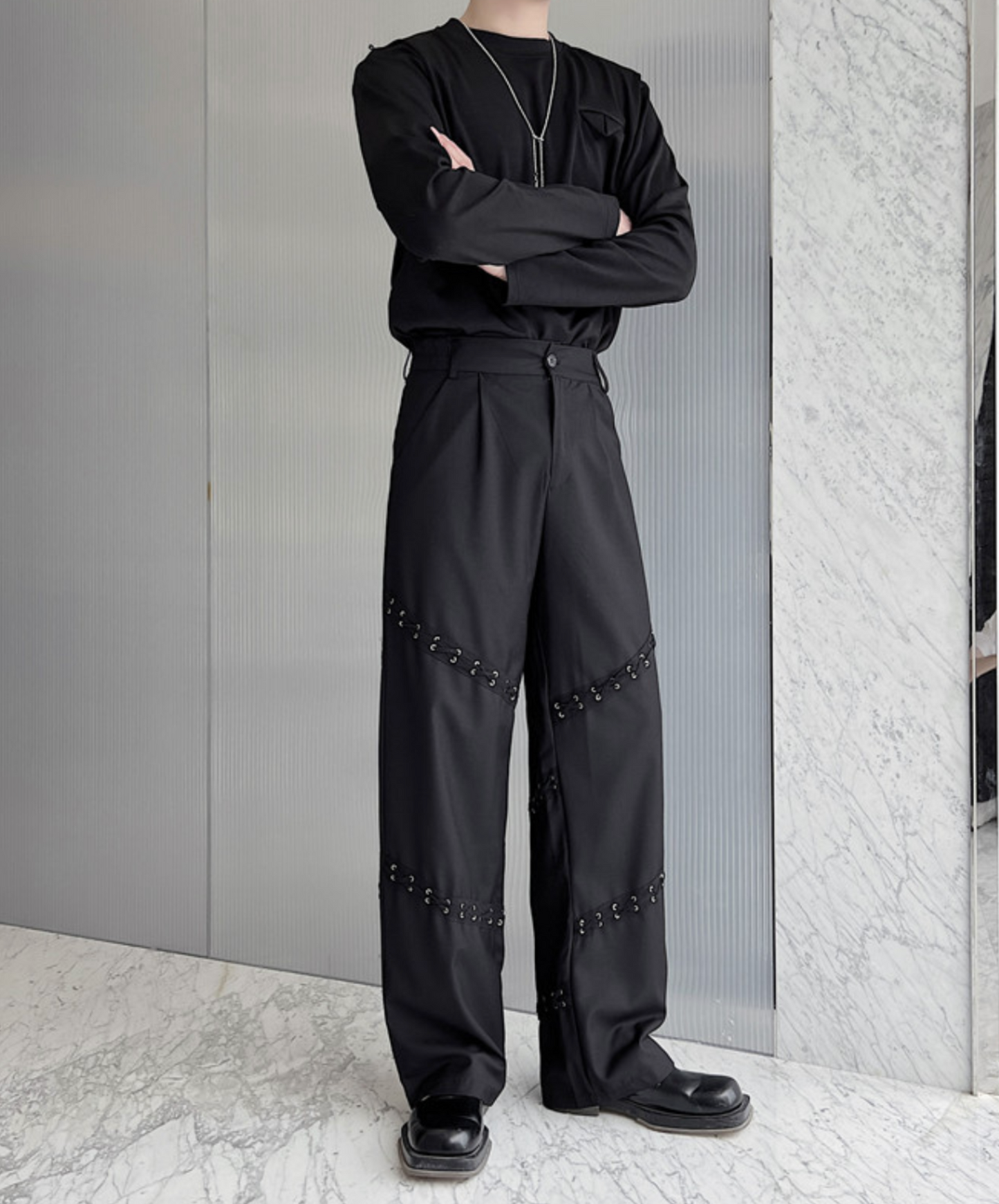 elastic waistband with perforated ribbon pants EN2120