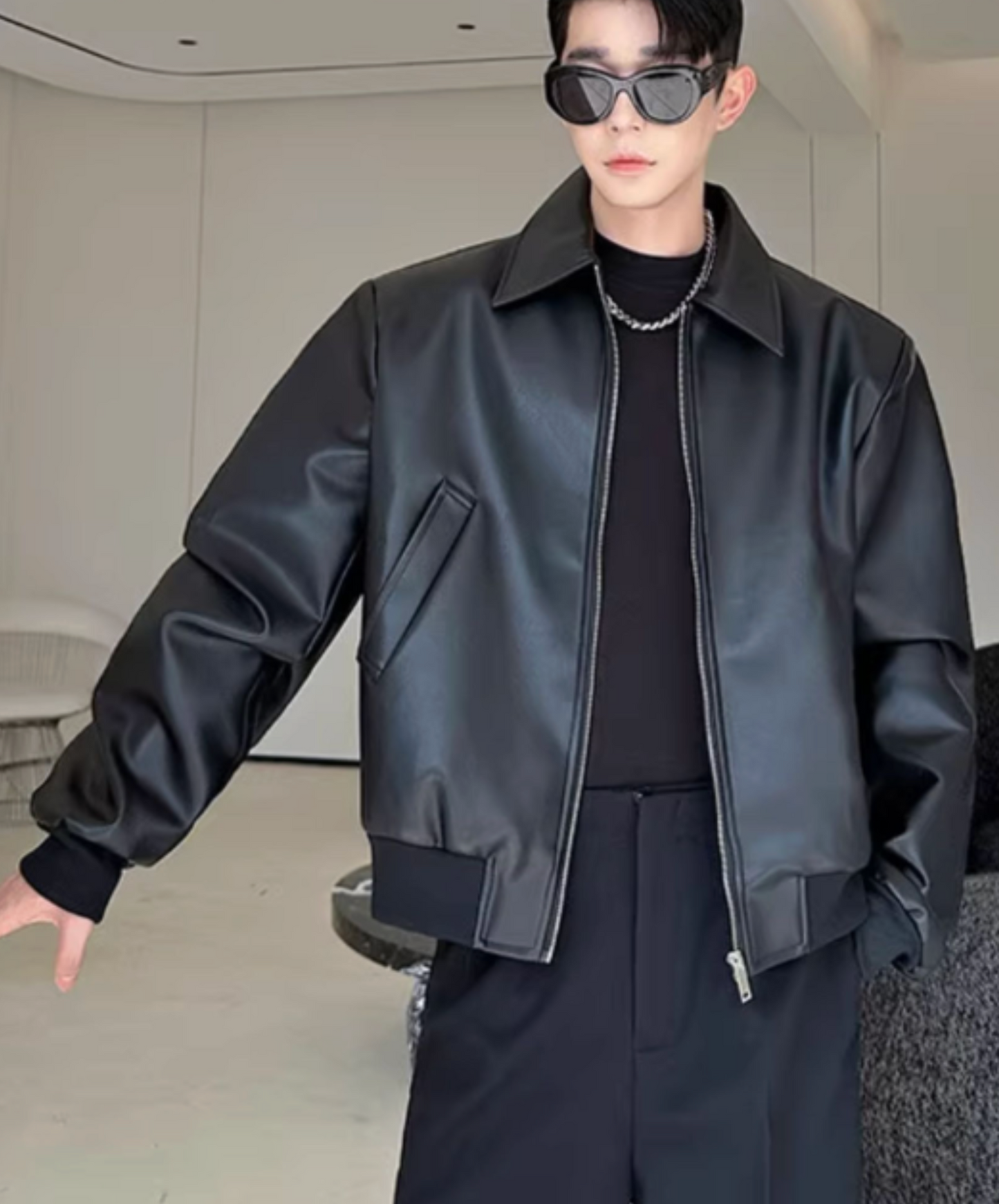 pu leather rib jacket EN2462