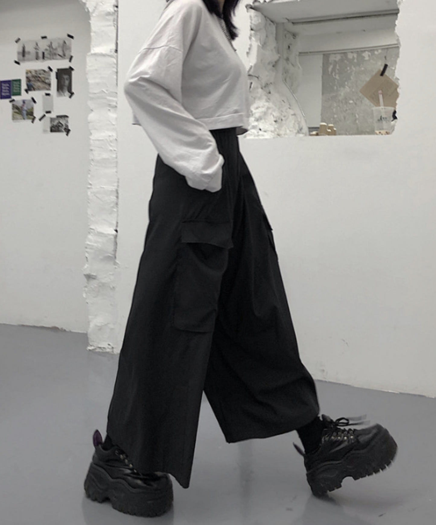 dark big pocket wide pants EN1042