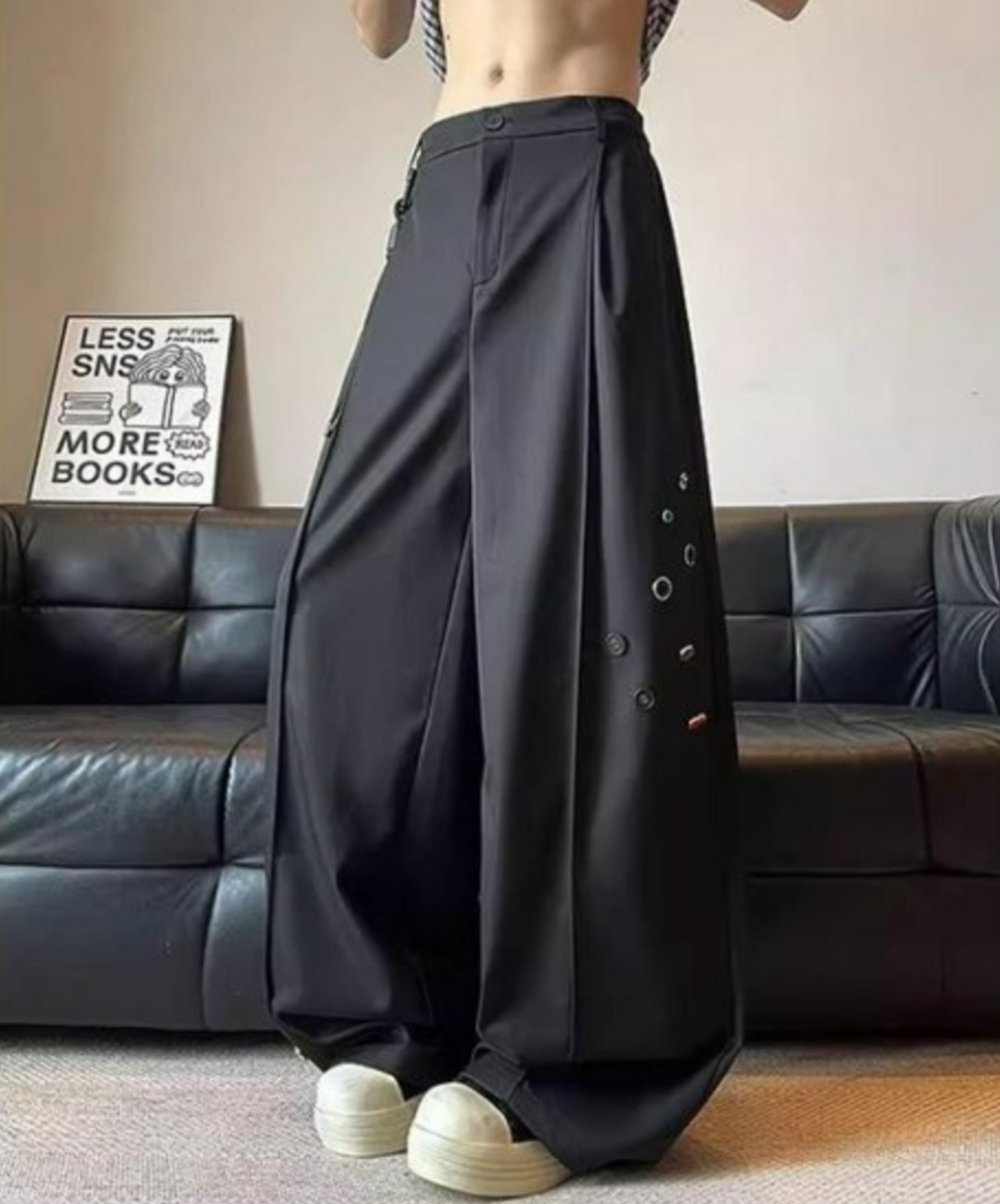 random button decorative drape wide pants EN2293