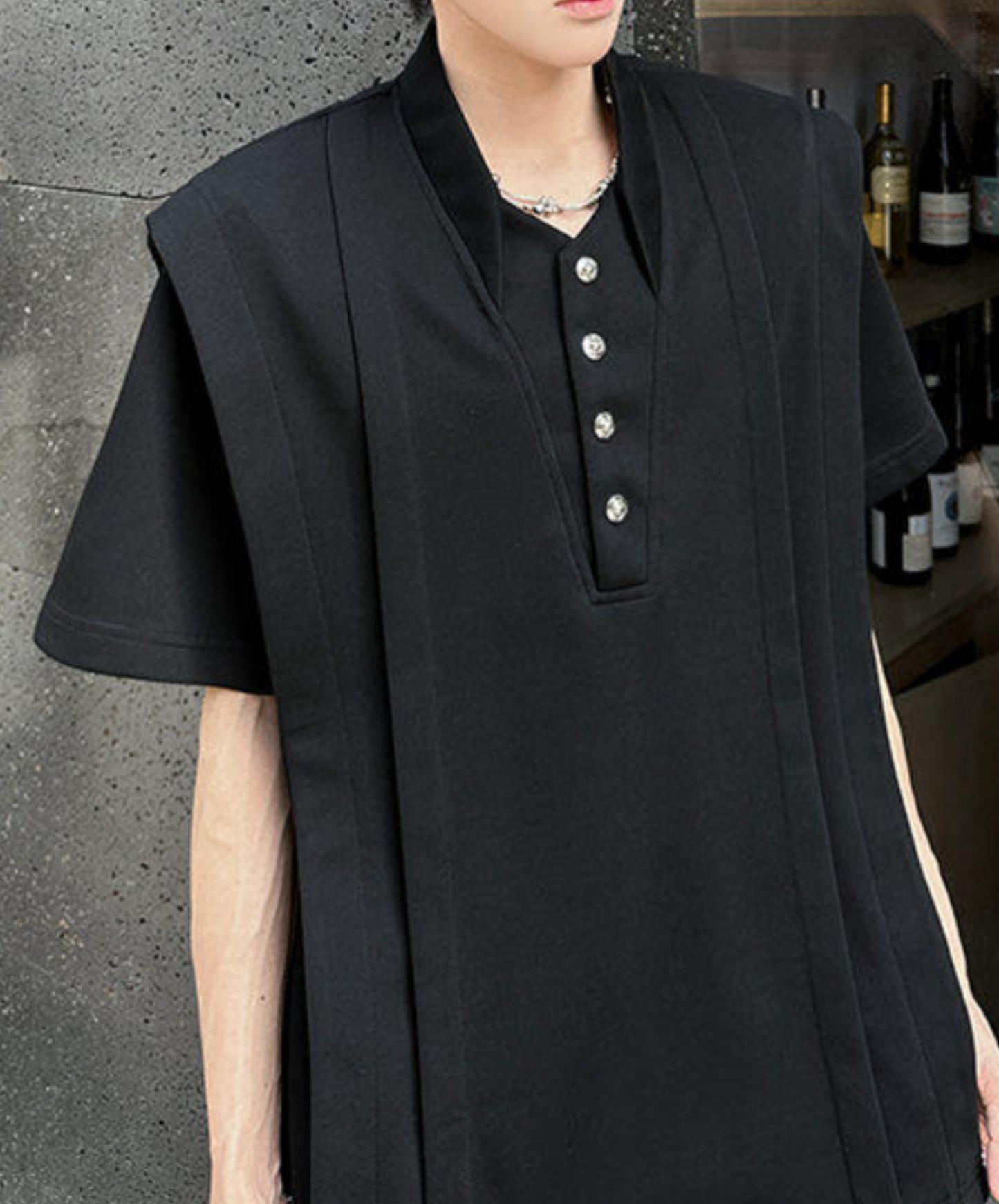 v-neck stand-up collar pleated t-shirt EN2189