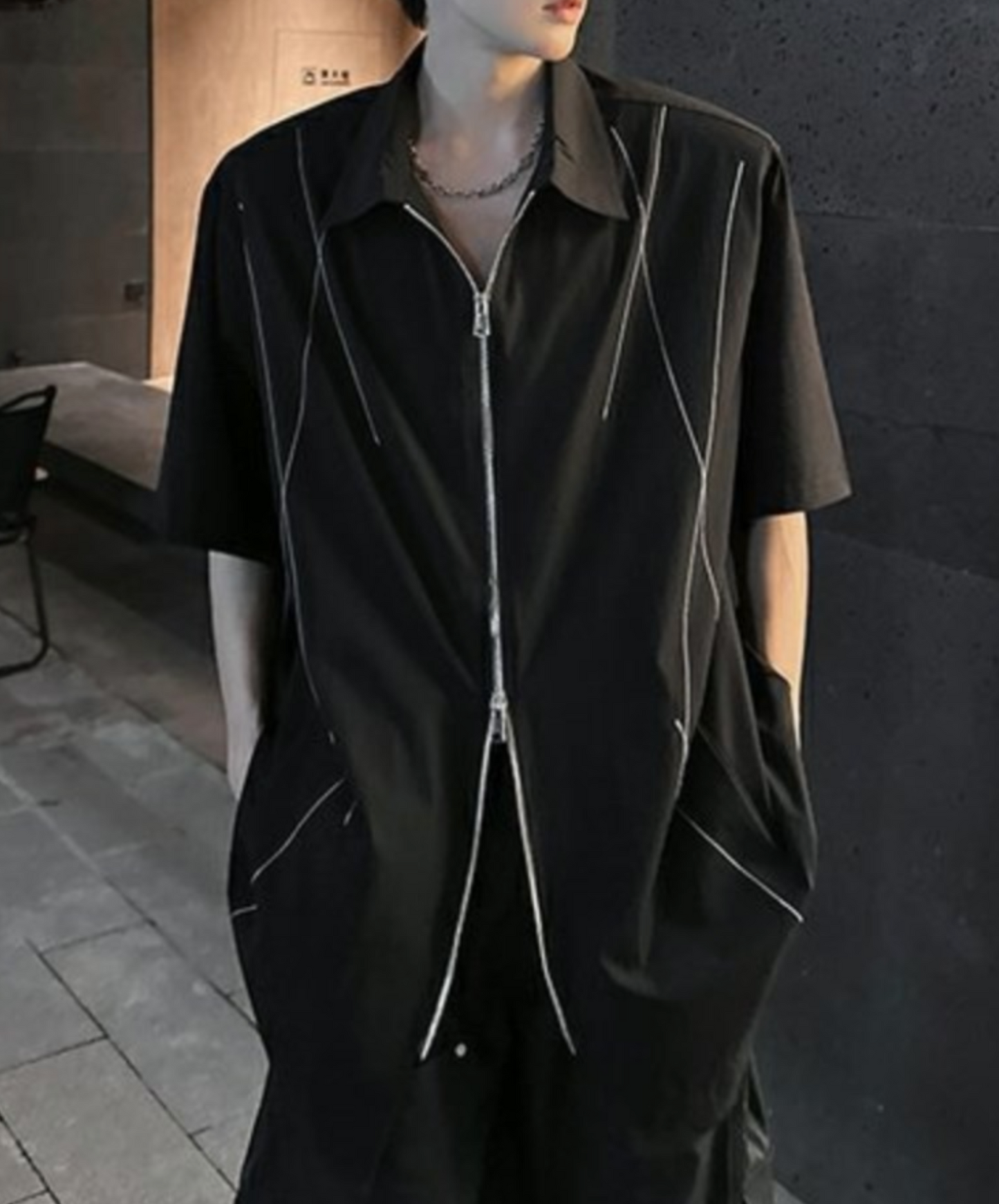 dark white line double zipper shirt EN2078