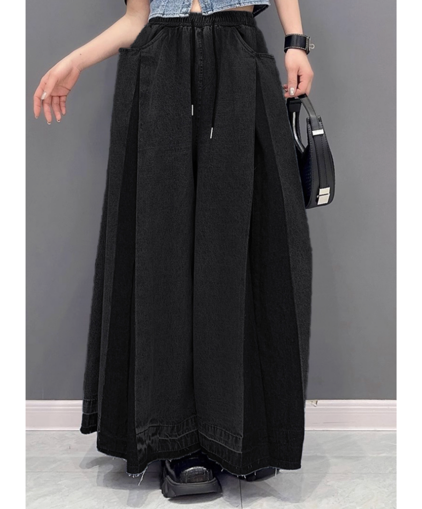 two-tone pleated denim wide pants EN2693