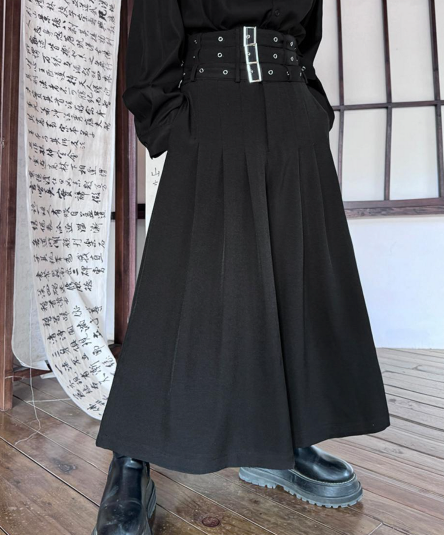 wide leg with three-stage belt long pants EN1526