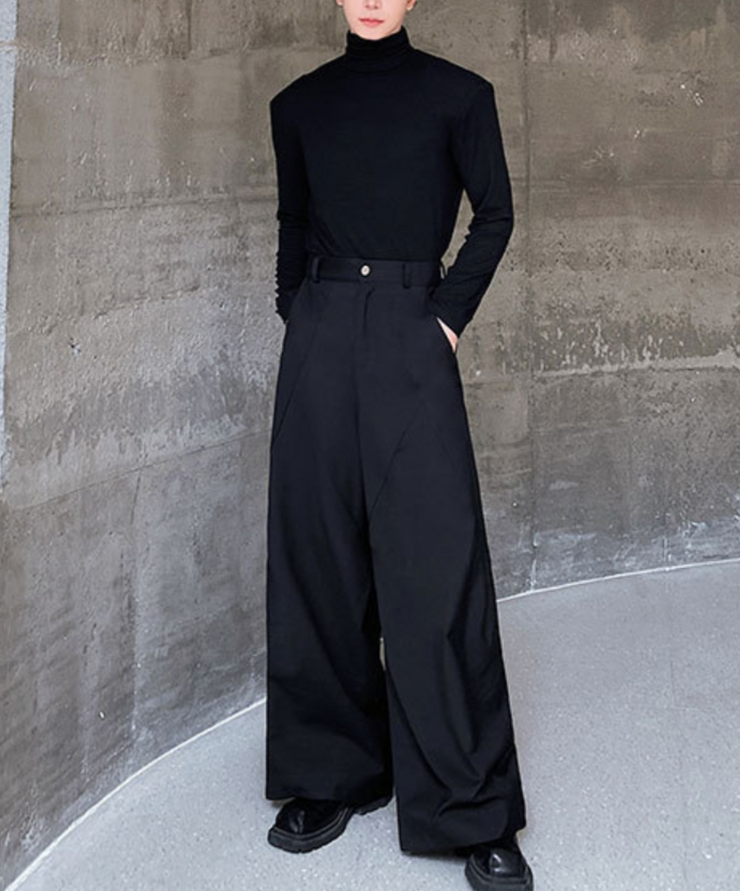 pleated stitch design straight wide pants EN1402