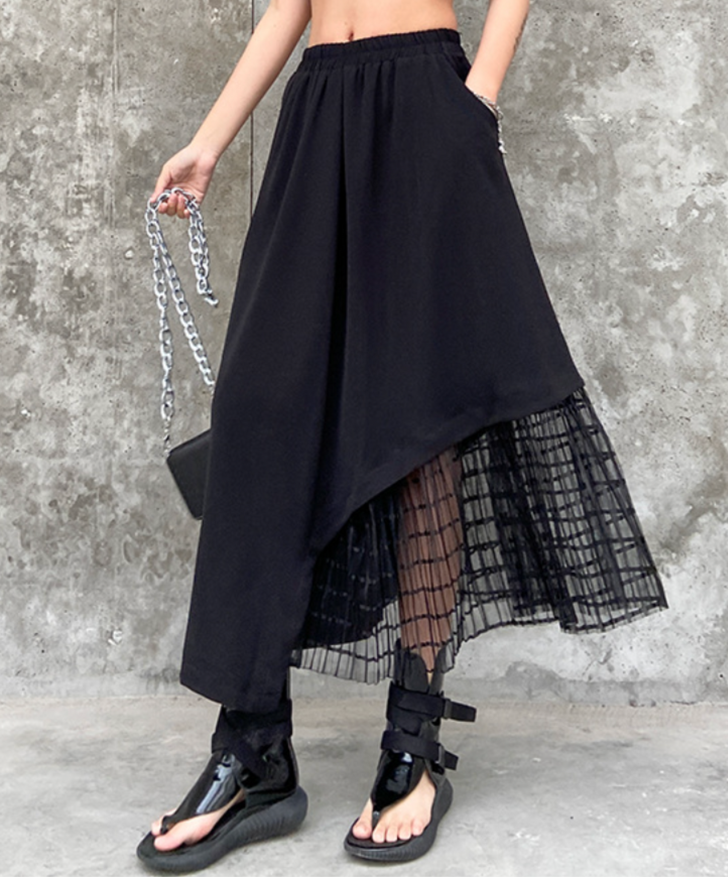 mixed material stitch mesh skirt EN2331