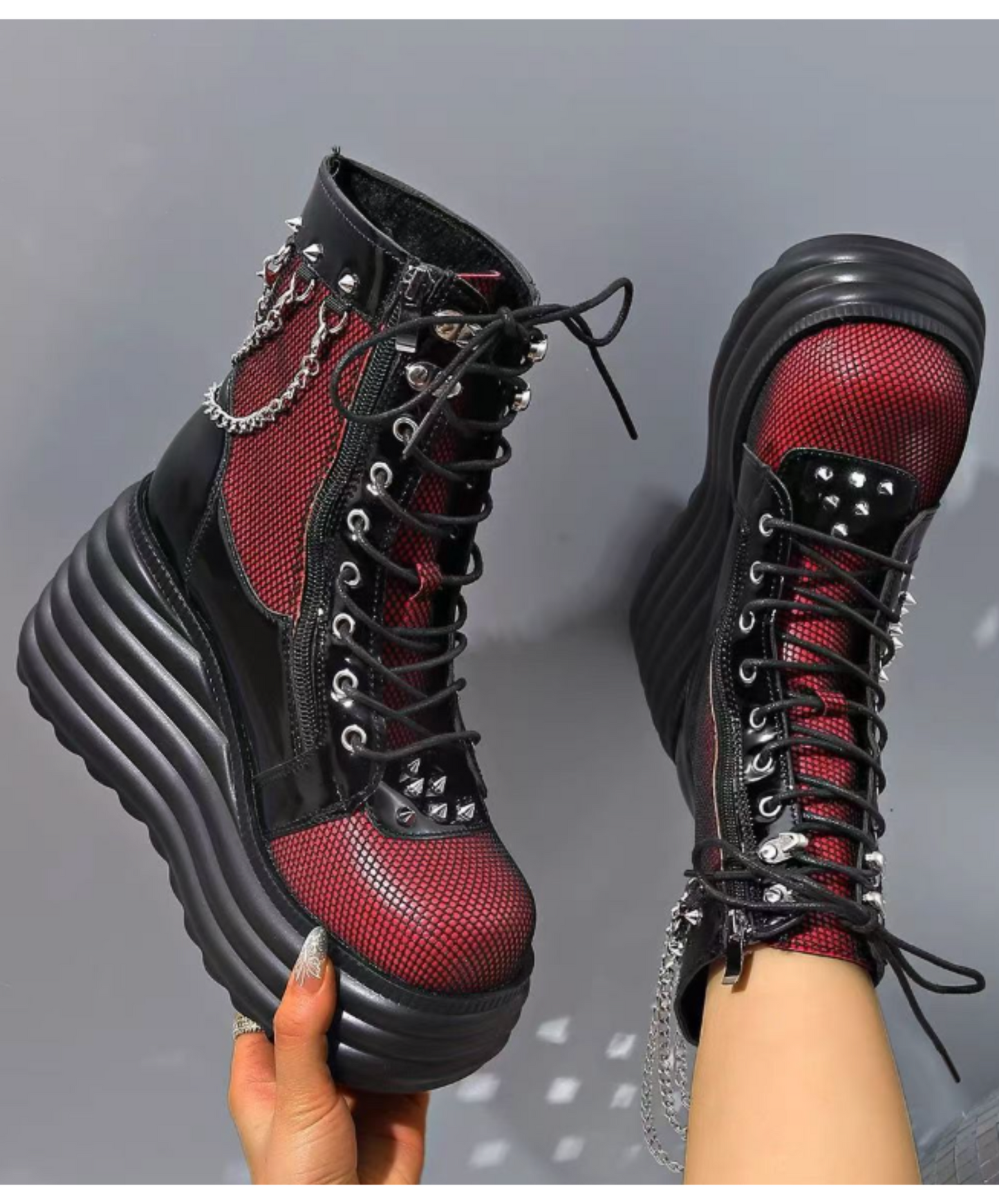 sheer red lace-up boots EN2373