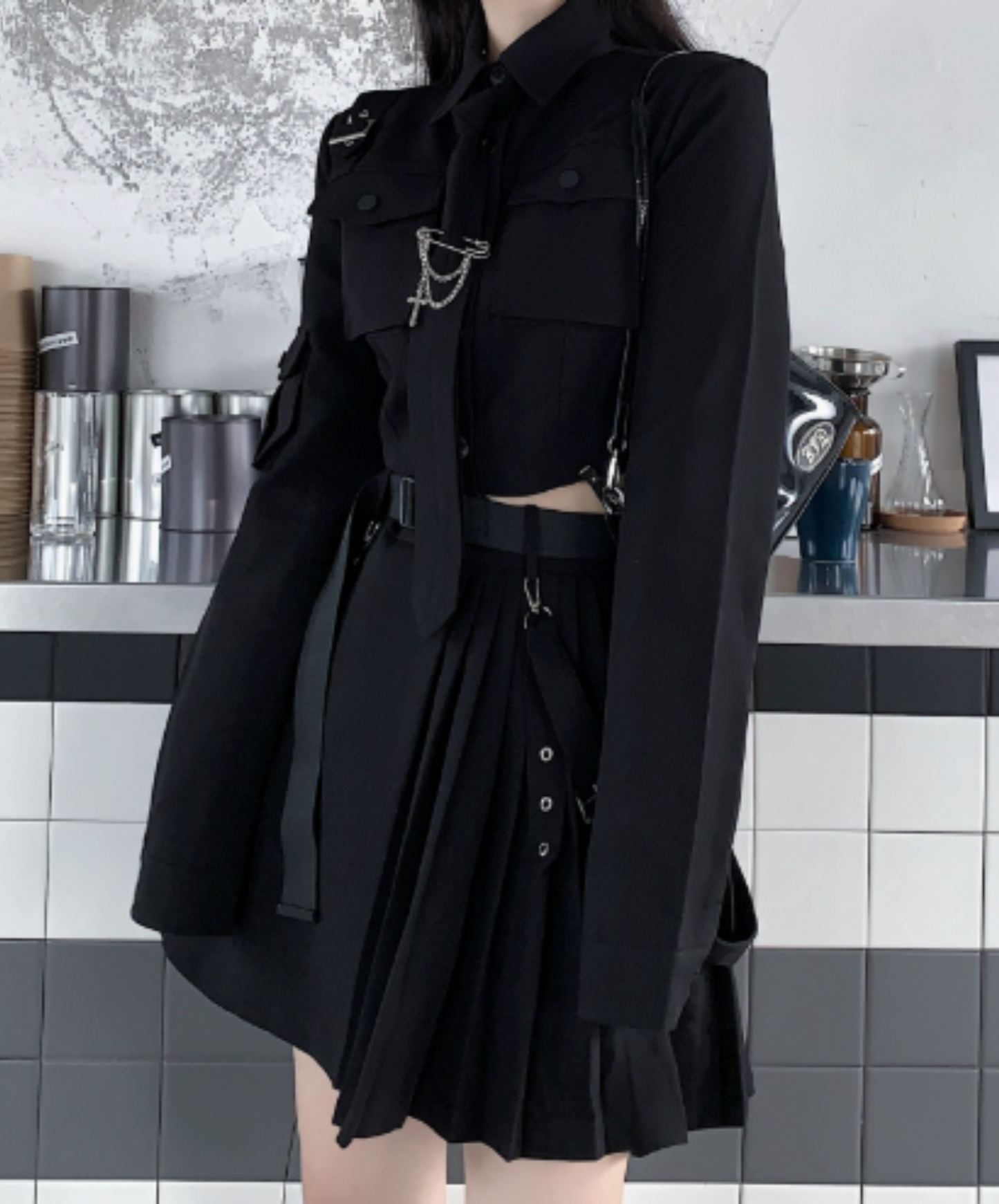 【style72】dark mode outfit set EN1981( shirt+ skirt set)