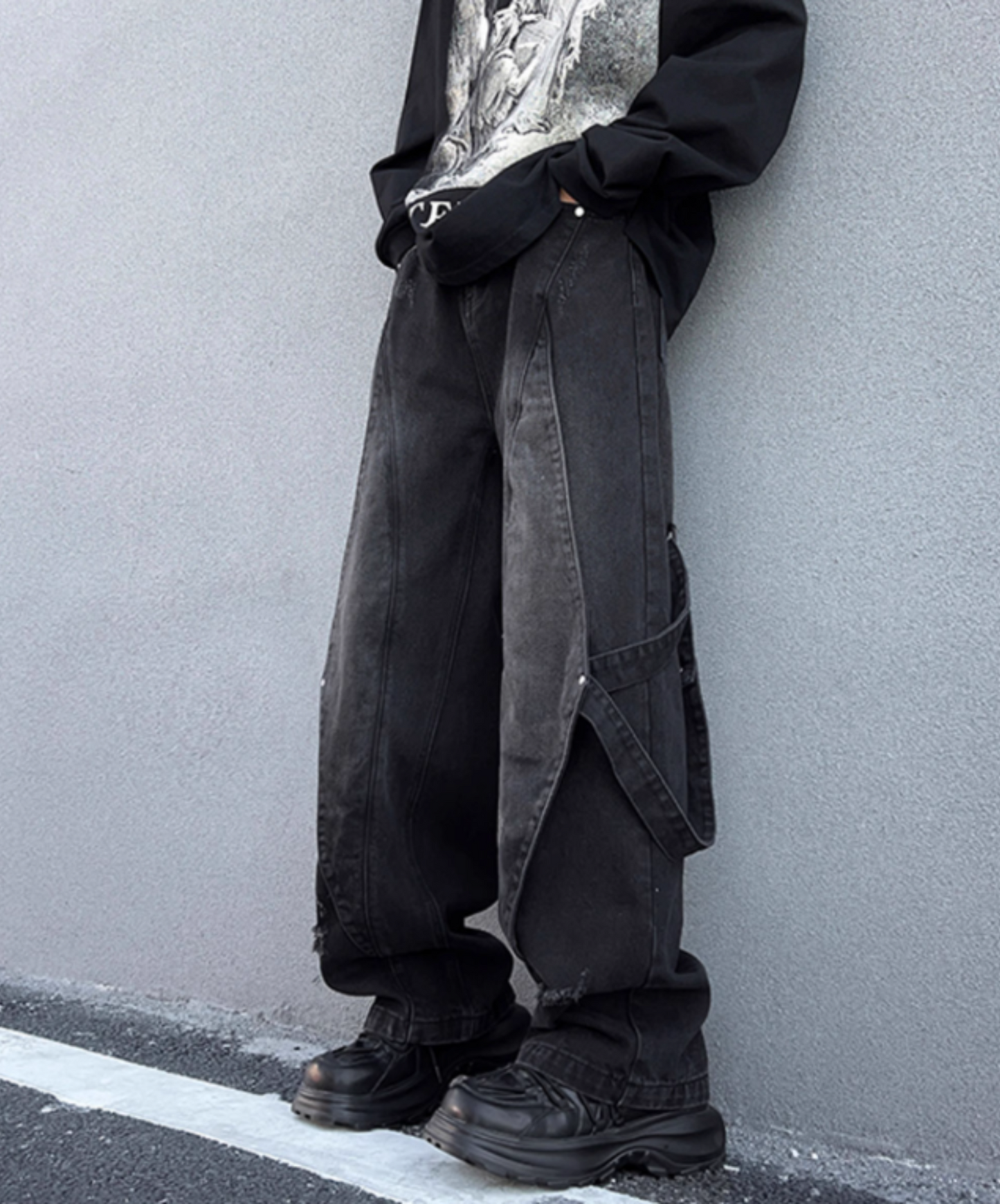 side belt decoration denim pants EN1874