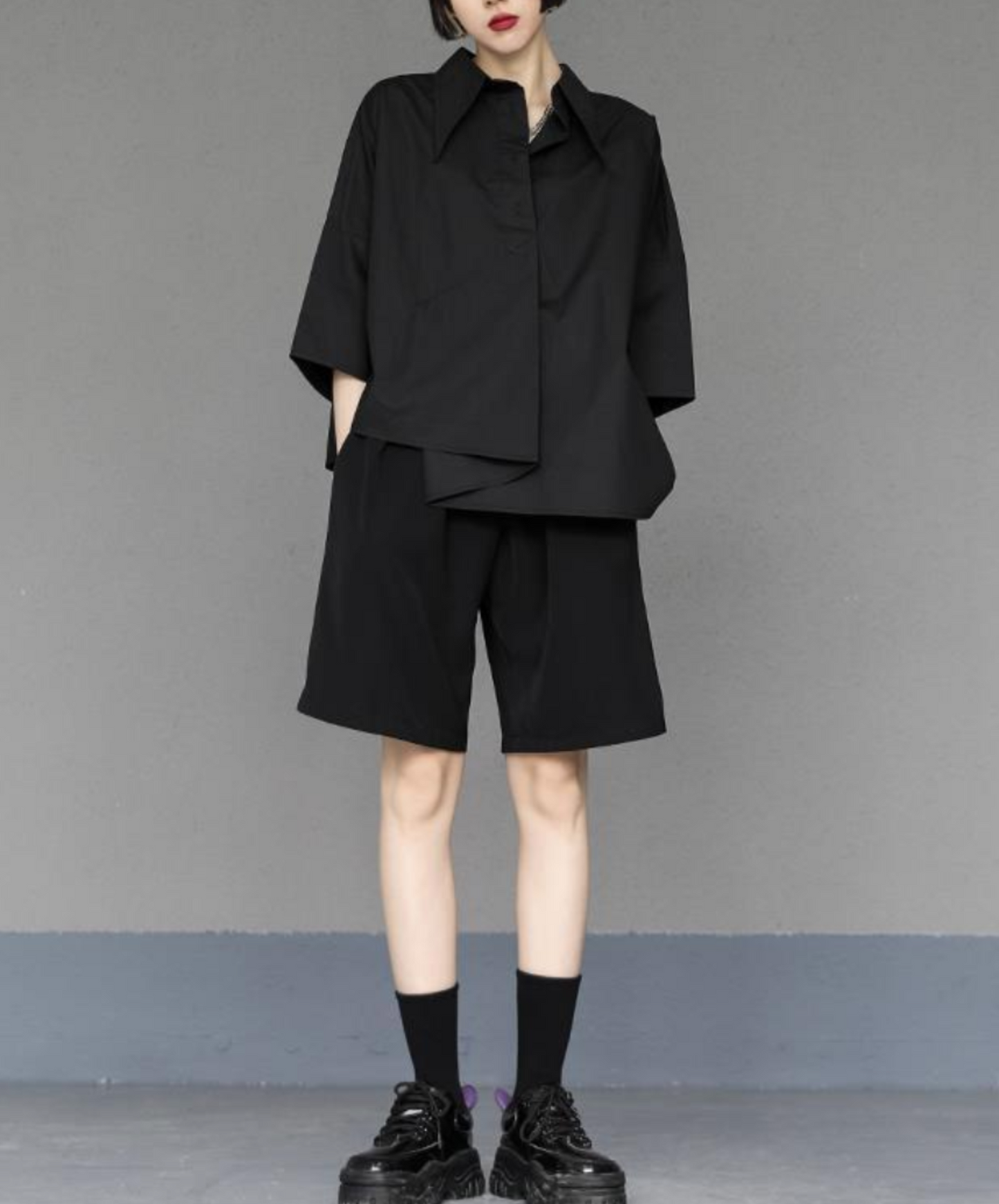 dark asymmetric tuck drape shirt EN2141